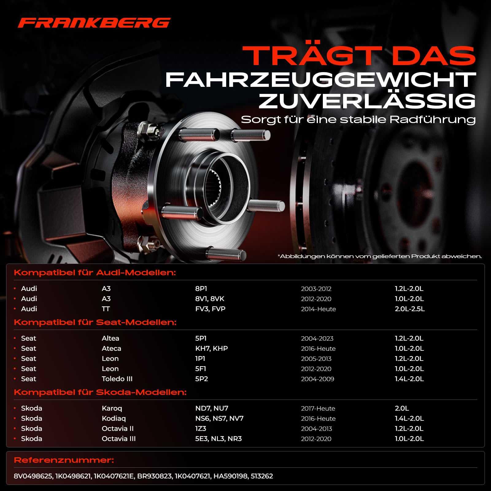 Frankberg 1x Radlager Vorderachse mit integriertem ABS-Sensor Kompatibel mit A3 8P1 Octavi.a II 1Z3 Leon 1P1 Toledo III 5P2 Q2 GAB GAG TT FV3 FVP Altea 5P1 Replace# 1K0498621