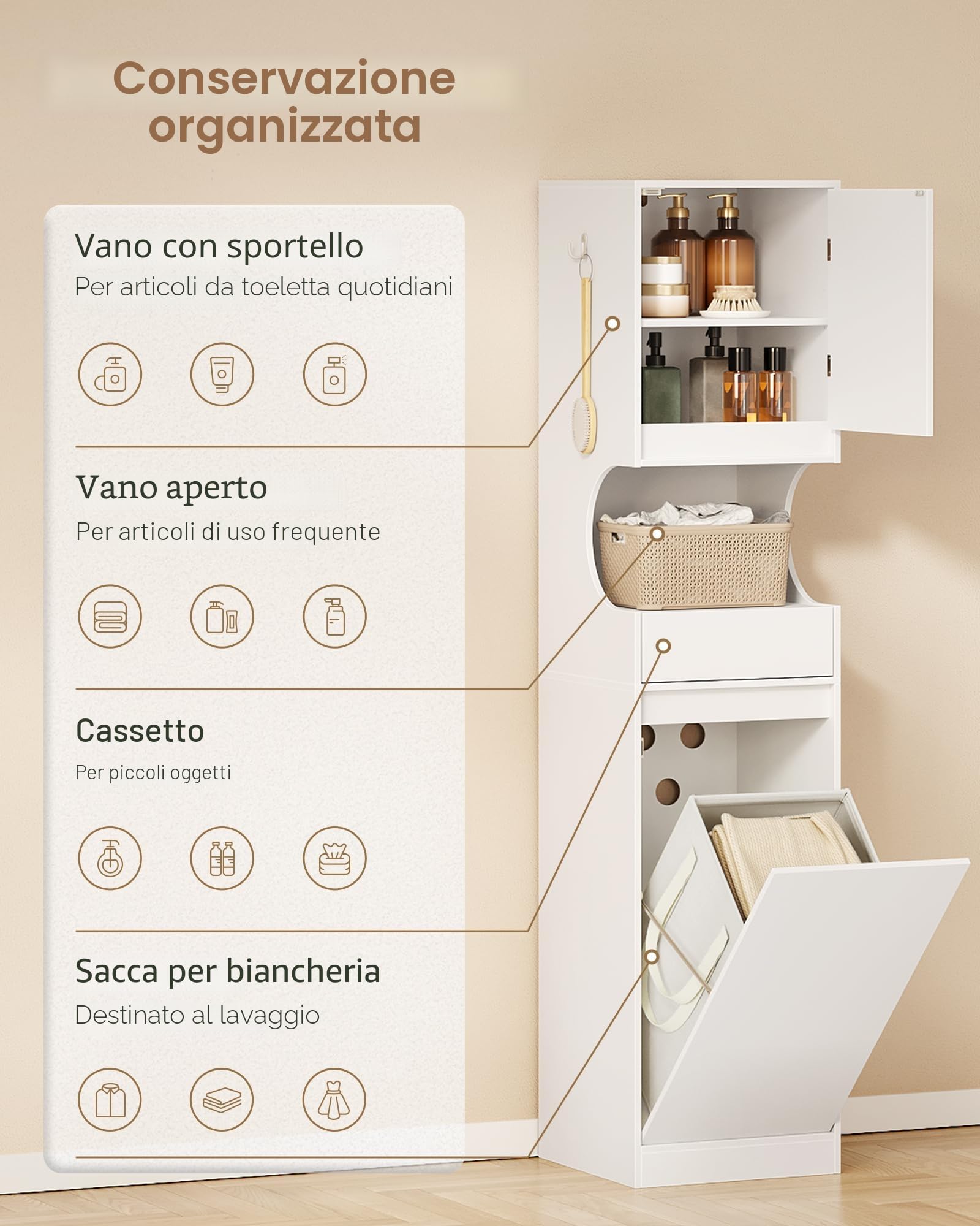 Hzuaneri Mobile da Bagno Alto, Armadio a Colonna da Bagno Salvaspazio, Con cesto portabiancheria pieghevole, Ripiani Regolabili, per Soggiorno, Lavanderia, 40 x 40 x 174 cm, Bianco BC43013X