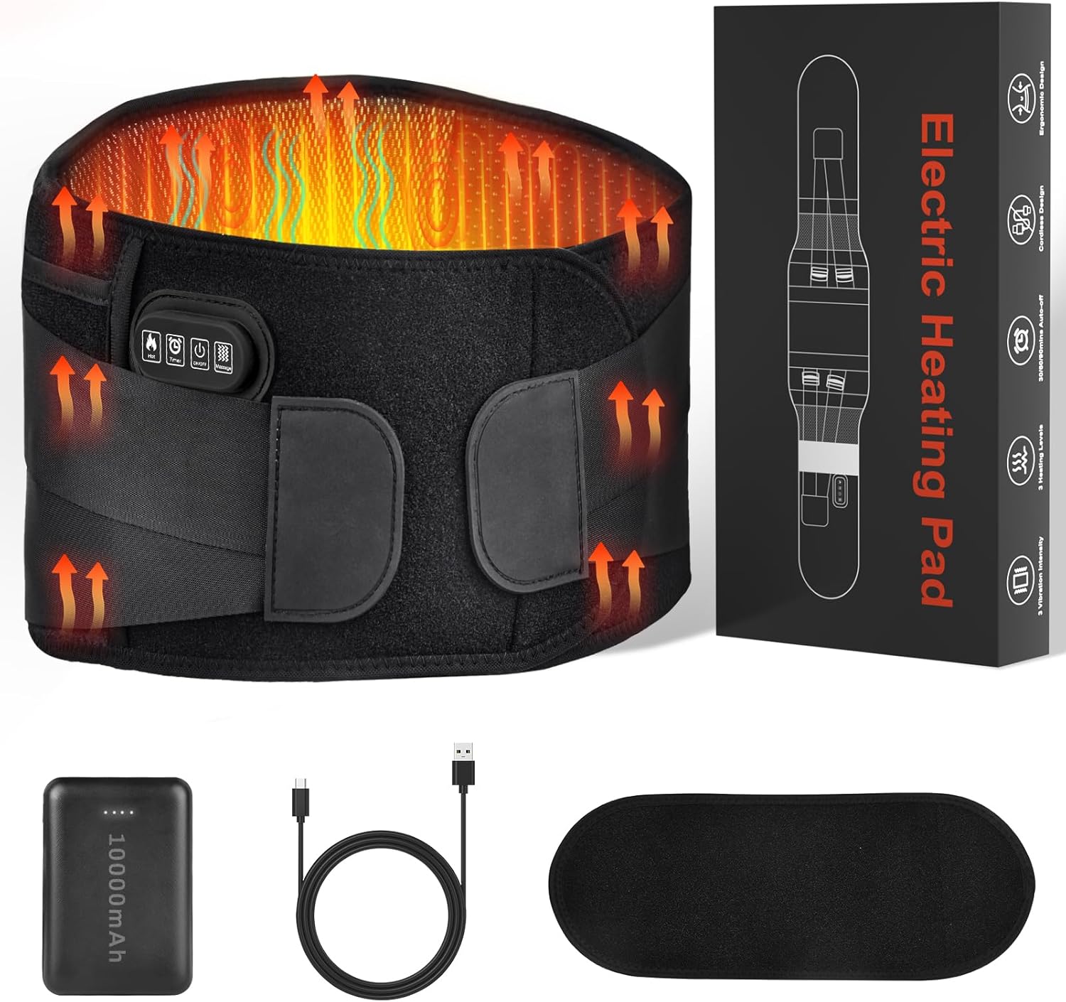 Extra Large 60” Cordless Heating Pad Back Brace with Heat and Massage for Back Pain Relief Portable Rechargeable 10000mAh Battery Lower Back Massager Heated Lumbar Support Belt Ideal Gifts for Mom Dad