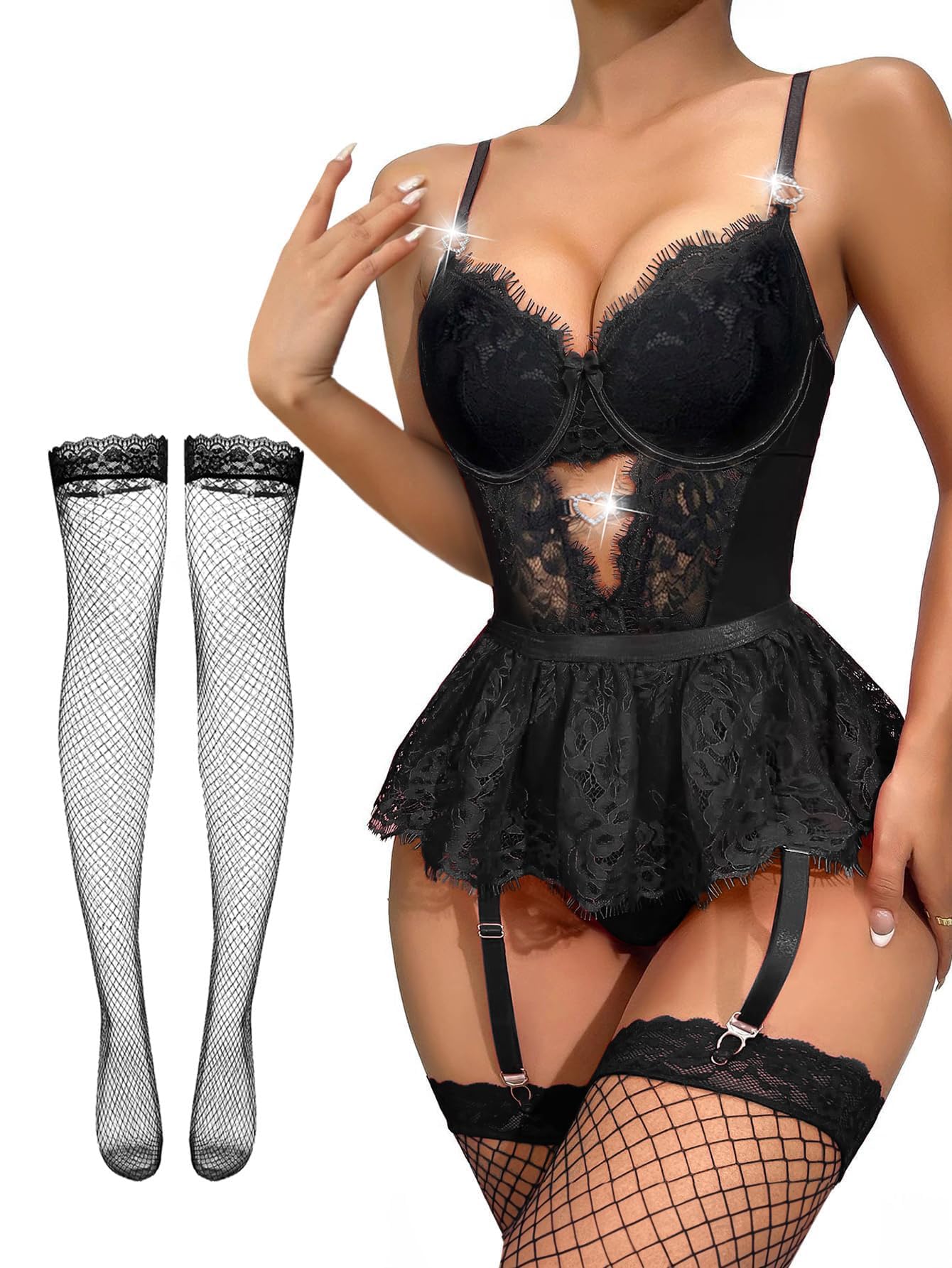 Alrovetoney Women Lingerie Set Naughty Lace Bodysuit High Waisted Underwire Lingerie Babydoll With Garter Belt and Stockings
