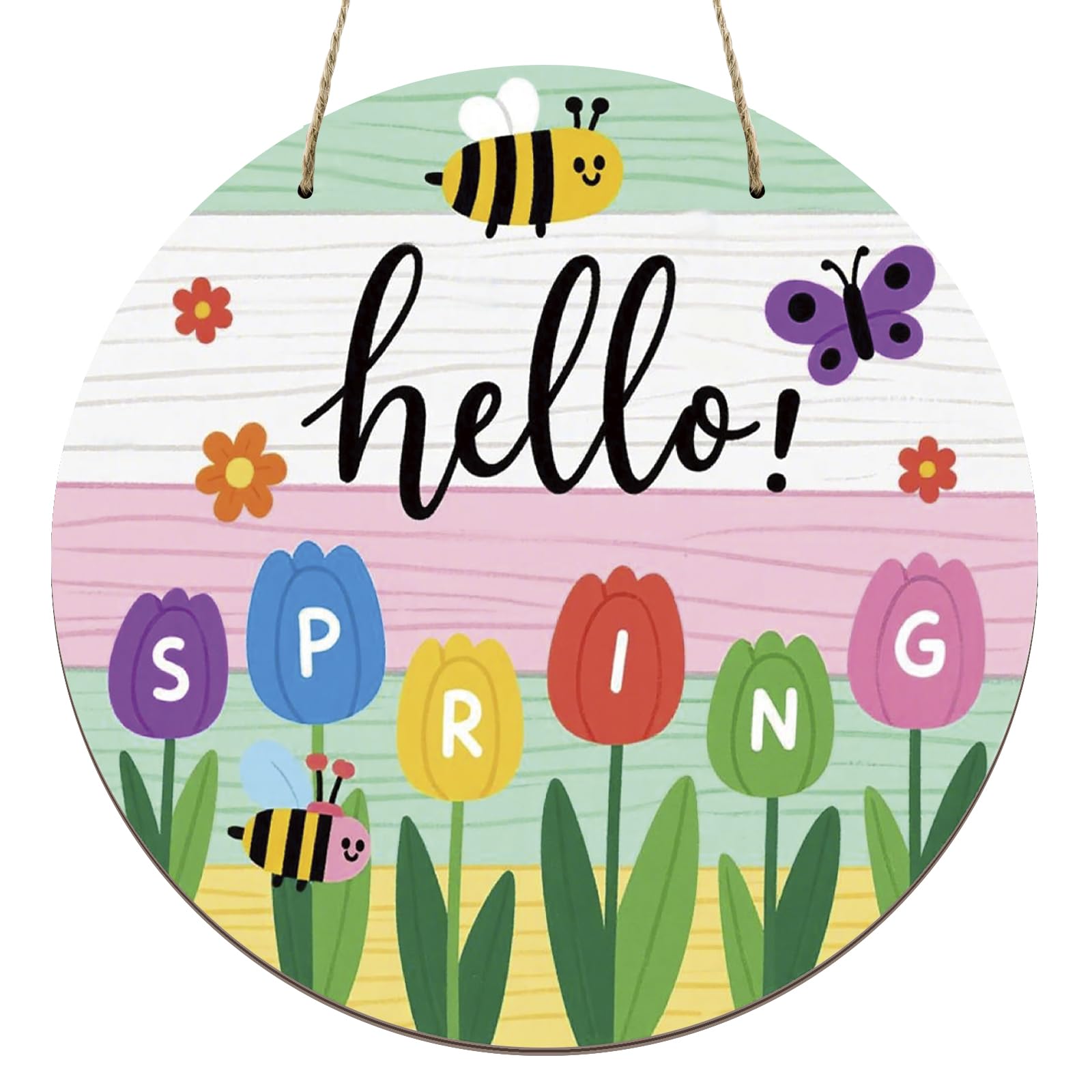 Hello Spring Sign Colorful Tulip Flowers Spring Wreath Sign for Front Door Welcome Spring Door Sign Farmhouse Spring Decorations for Home Wreath Wall Porch Indoor Outdoor