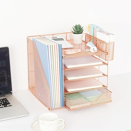 Miniatura 6 de Organizadores de escritorio y accesorios, organizador de bandeja de papel de 5 niveles con cajón y soporte para bolígrafos, adecuado para
