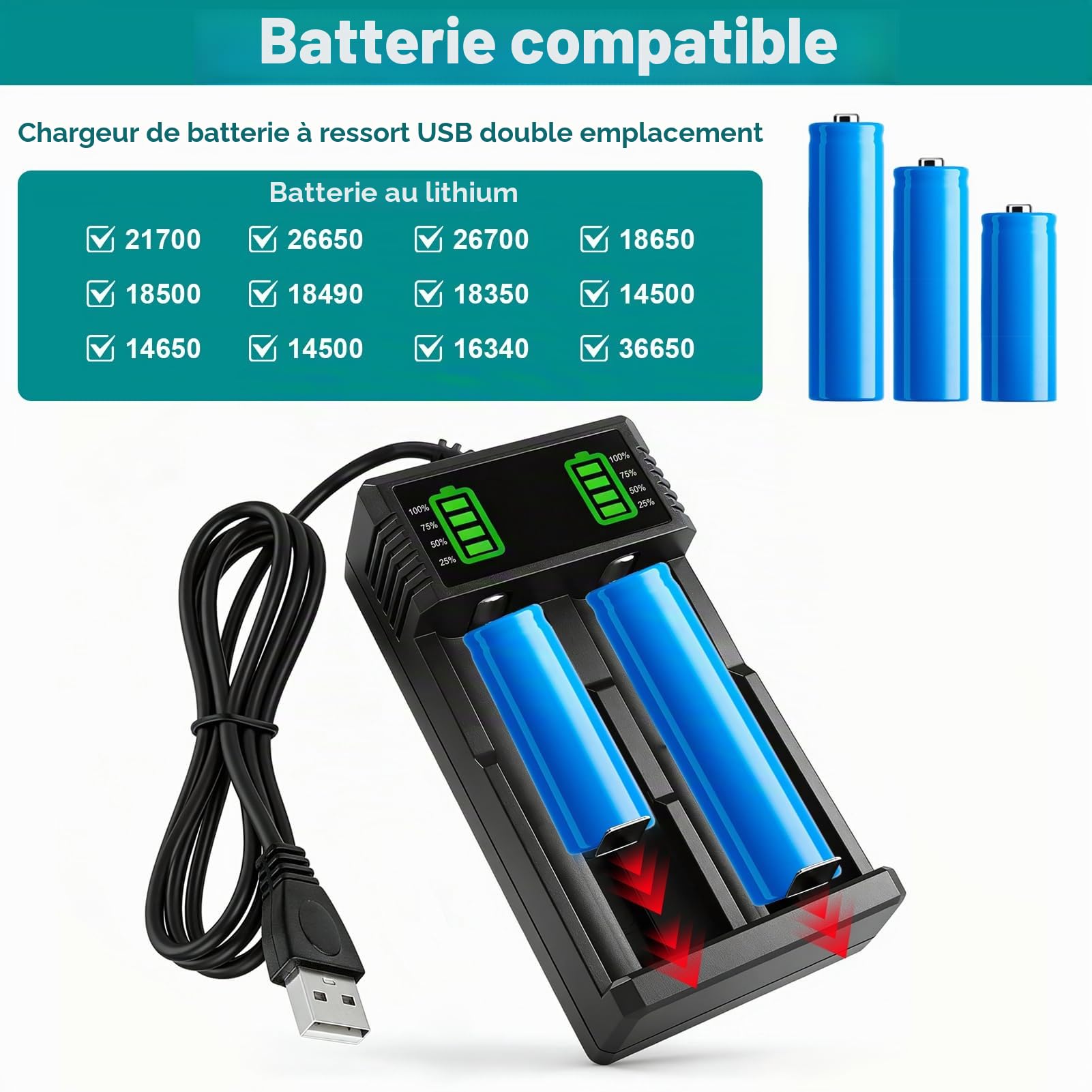 Chargeur Accu 18650, 18650 Chargeur de Batterie 3,7V 2 Slots Chargeur Accu | écran LCD Charge Rapide Piles Rechargeable pour Batteries Li-ION 18490 18350 17670 17500 16340 14500 18500 26650