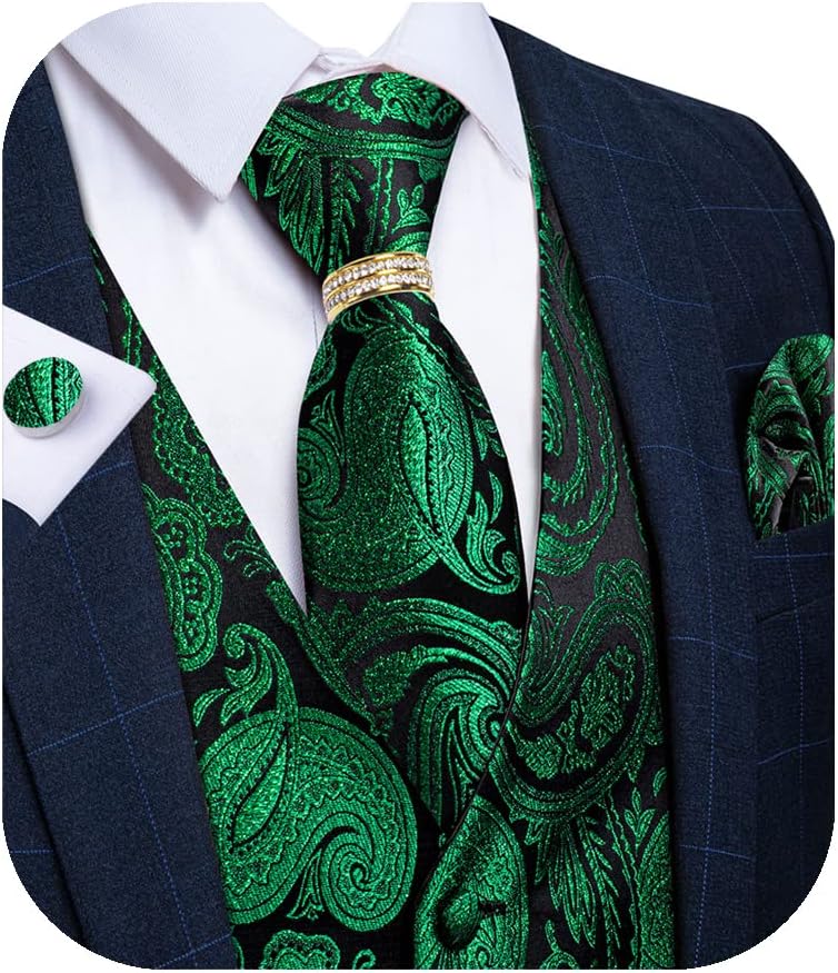 DiBanGu Men's Suit Vest Formal Men Paisley Vest Jacquard Tie Waistcoat Hanky Set With Tie Ring Wedding Party 5PCS