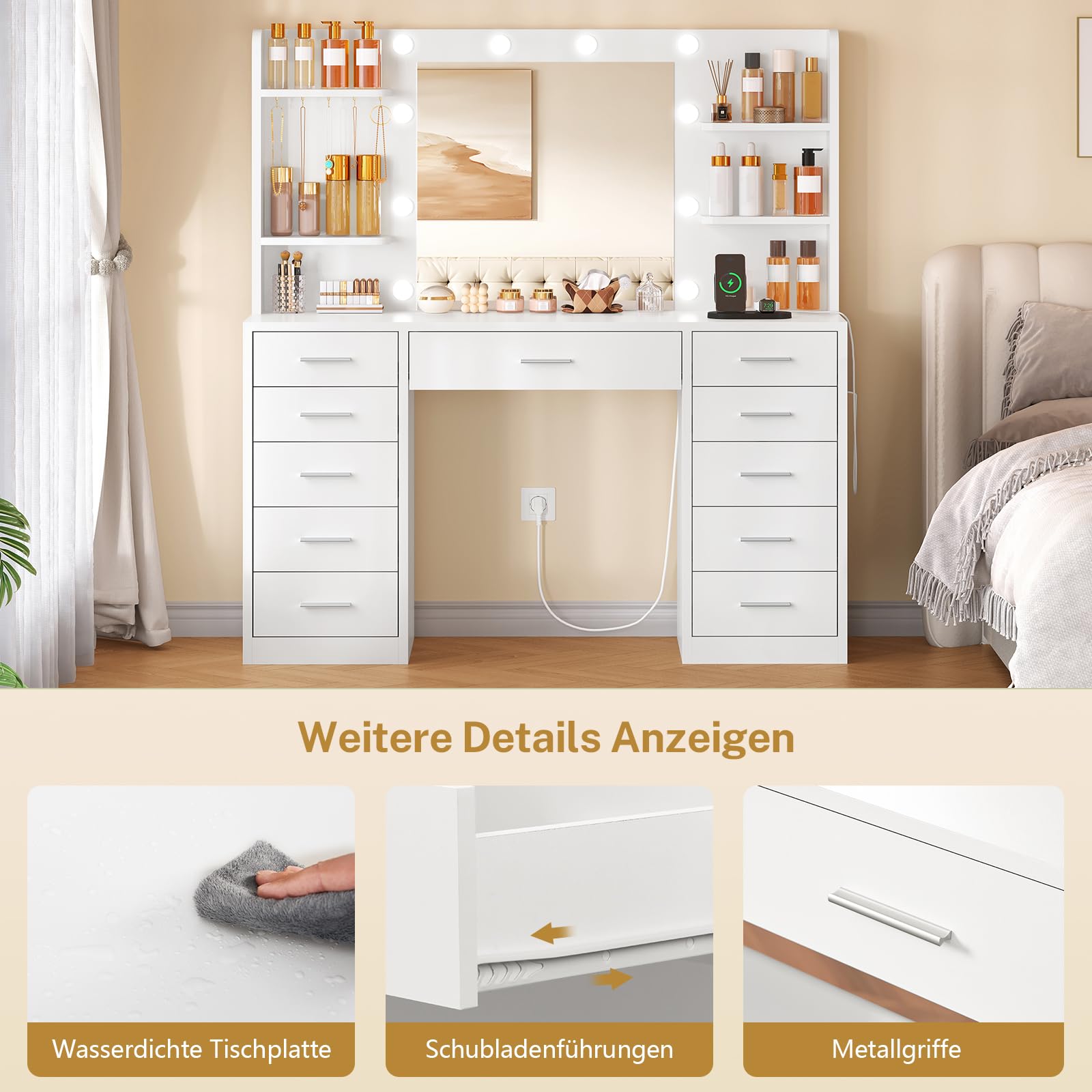 Grande Toeletta, Toeletta da Trucco con Specchio e Luce LED, 3 Colori Regolabili, Postazione Trucco con 11 Cassetti, 4 Ripiani e 5 Ganci, Cassettiera Moderna, Bian