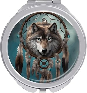 Wolf Dream Catcher Travel Makeup Mirror Compact for Purse Pocket | Portable Metal Vanity Mirror for Women, 1x/2x Magnifying, Handheld Folding Cosmetic Mirror for Daily, Work, Business