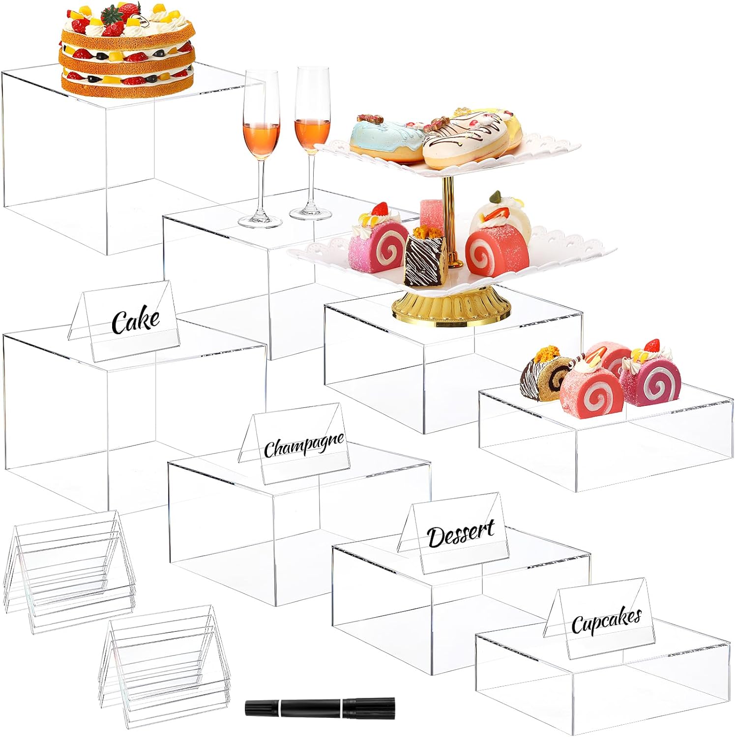 Amazon.com: 8 Pcs Acrylic cube Riser with 8 Signs Clear Buffet Riser ...