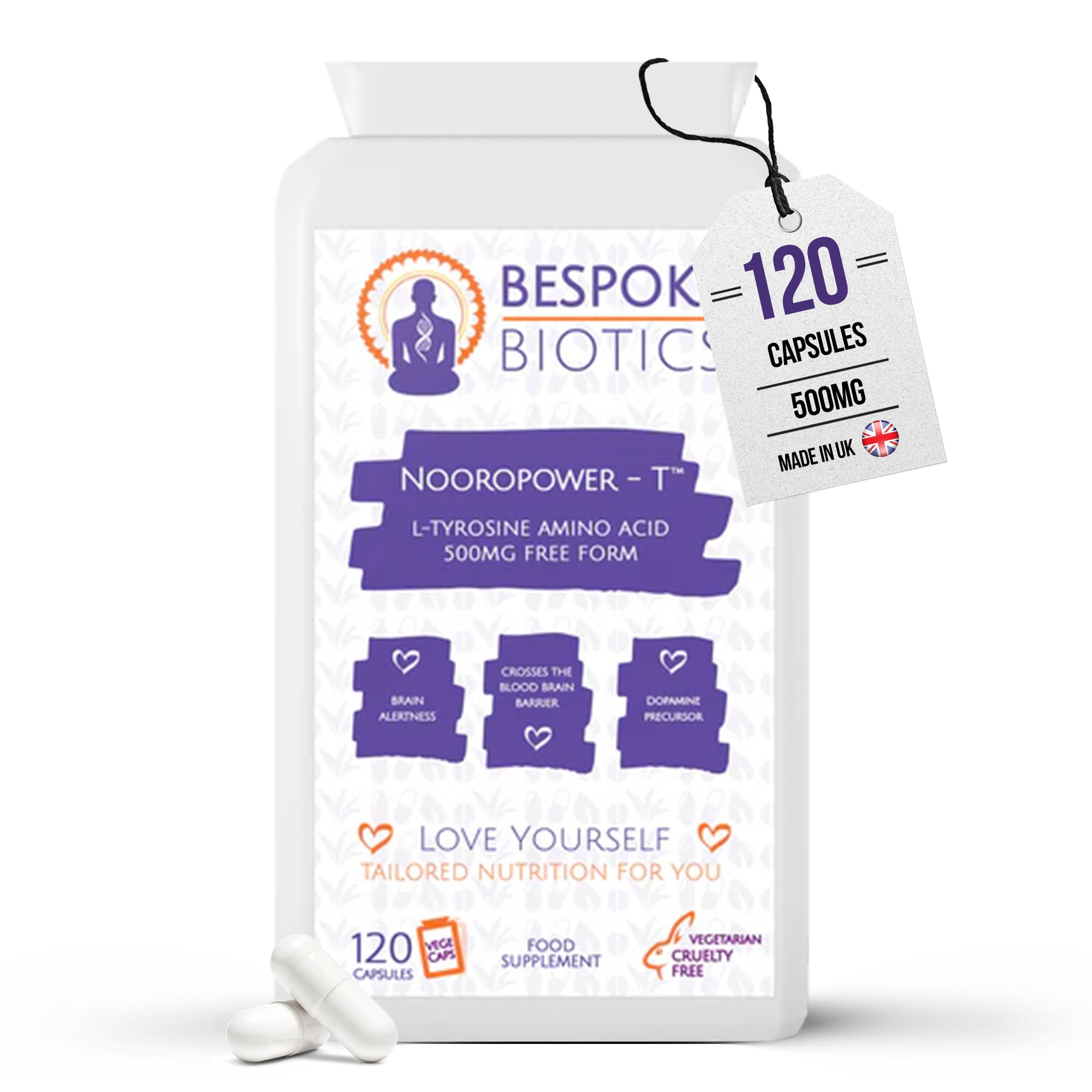 Bespoke Biotics L-Tyrosine Supplement (500mg) - 120 Capsules - Free Form Better Than NALT | Focus- Alertness - Motivation - Dopamine Precursor| UK Manufactured to GMP Standards
