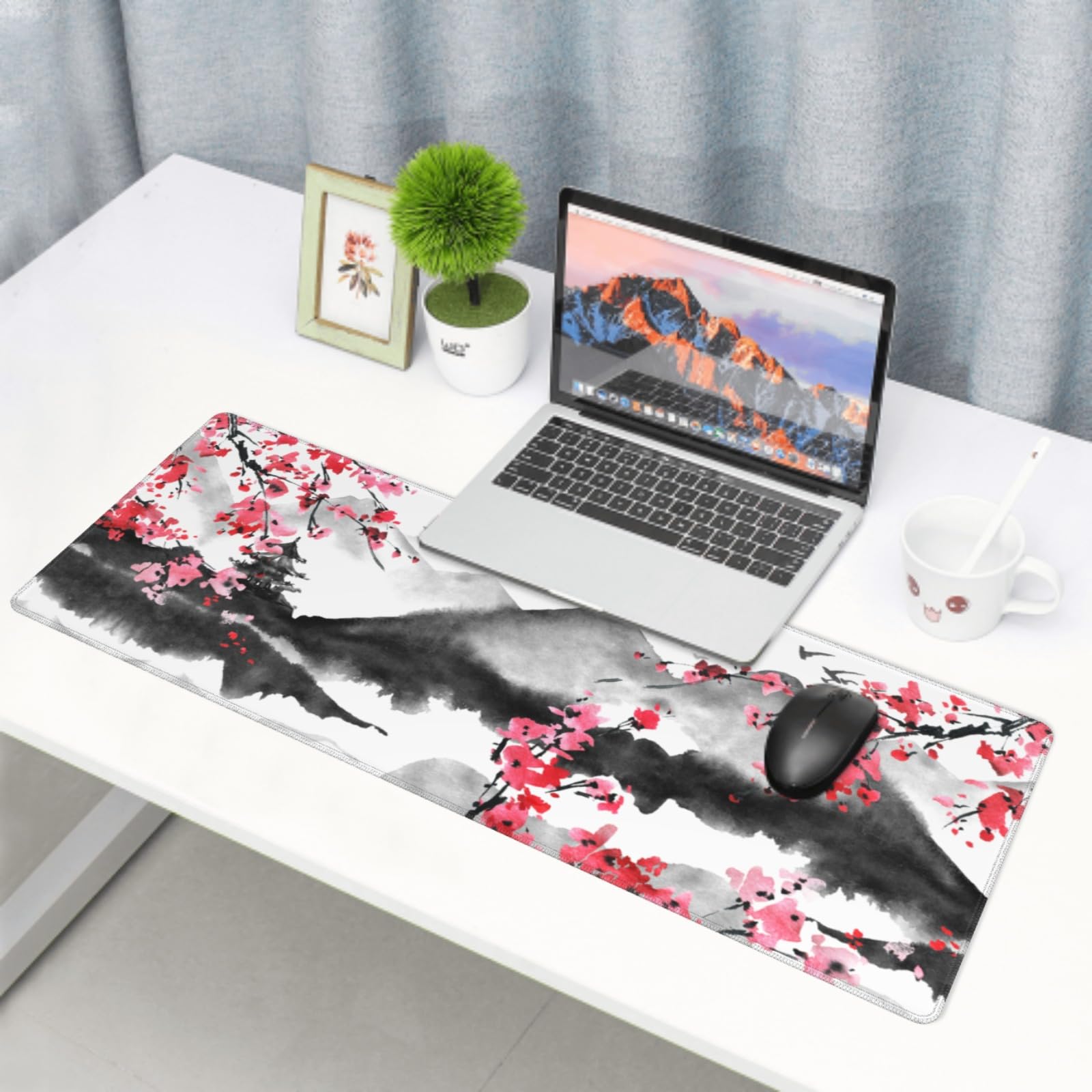 Japanese Cherry Blossom Mouse Pad - Watercolor Pink Design, Non-Slip Rubber Base