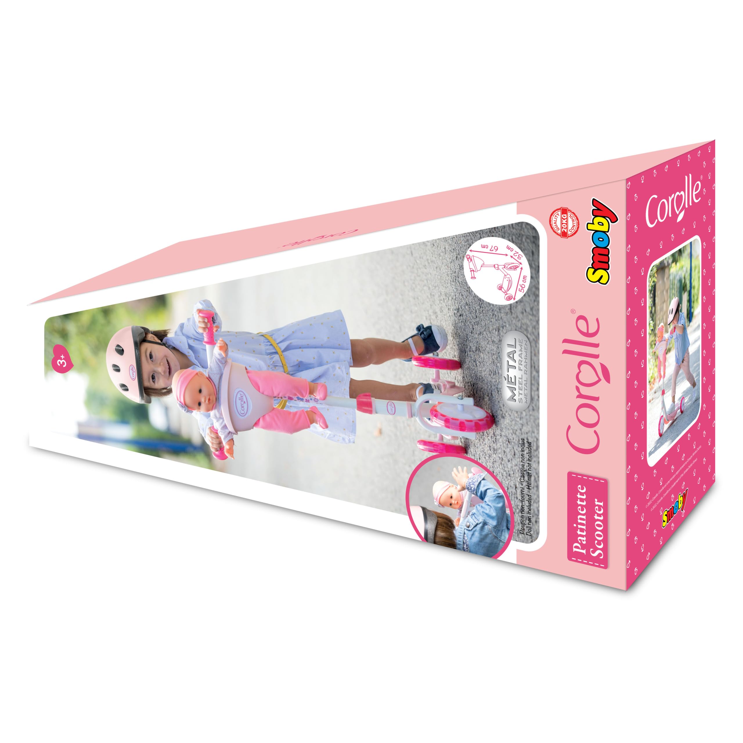 Smoby - Patinete Corolle para niños - 3 Ruedas - Manillar Regulable en Altura - Asiento de muñeca - Superficie Antideslizante - Construcción Estable - A Partir de 3 años