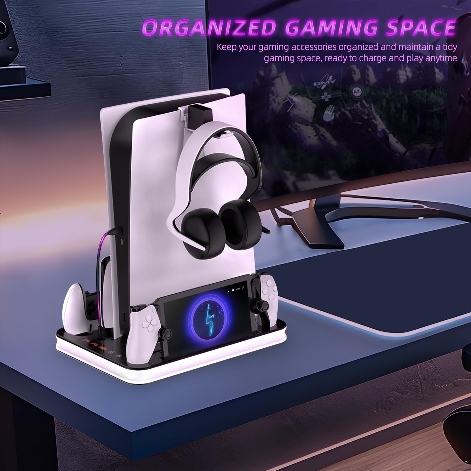Soporte para PS5/PS5 Slim con PS Portal y Mando PS5 Estación de Carga, Abrazadera Vertical PS5 con Ventilador de 3 Etapas, Base Vertical para P5 Slim/P5 Digital Edition & Disc Edition (Sin luz RGB)