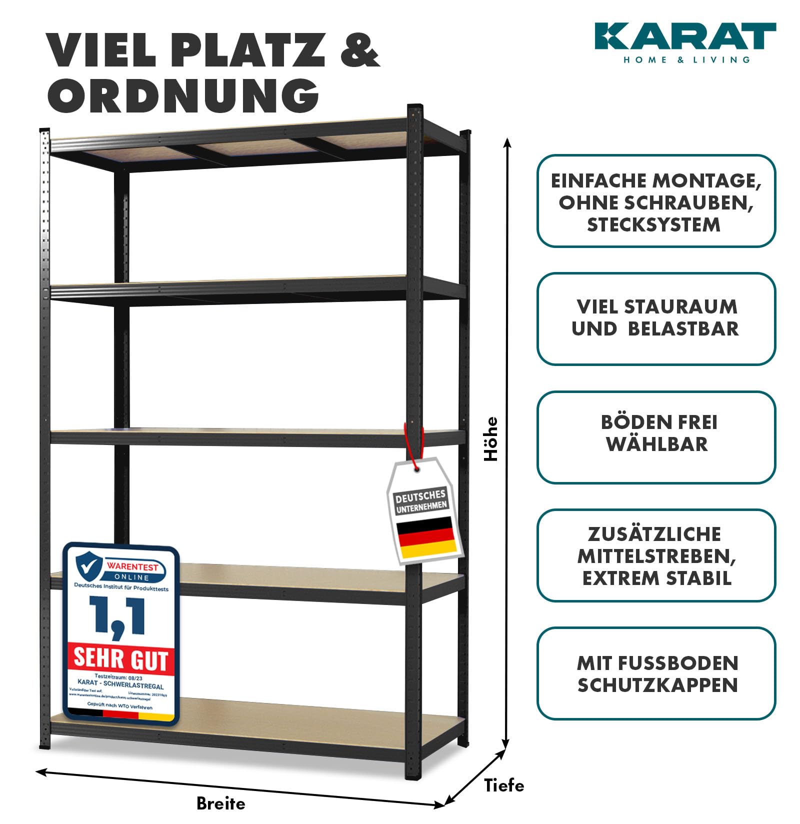 KARAT Schwerlastregal, 2er Set, 30 x 75 x 150 cm Steckregal, Kellerregal, Lagerregal - 5 verstellbare Böden (Schwarz)