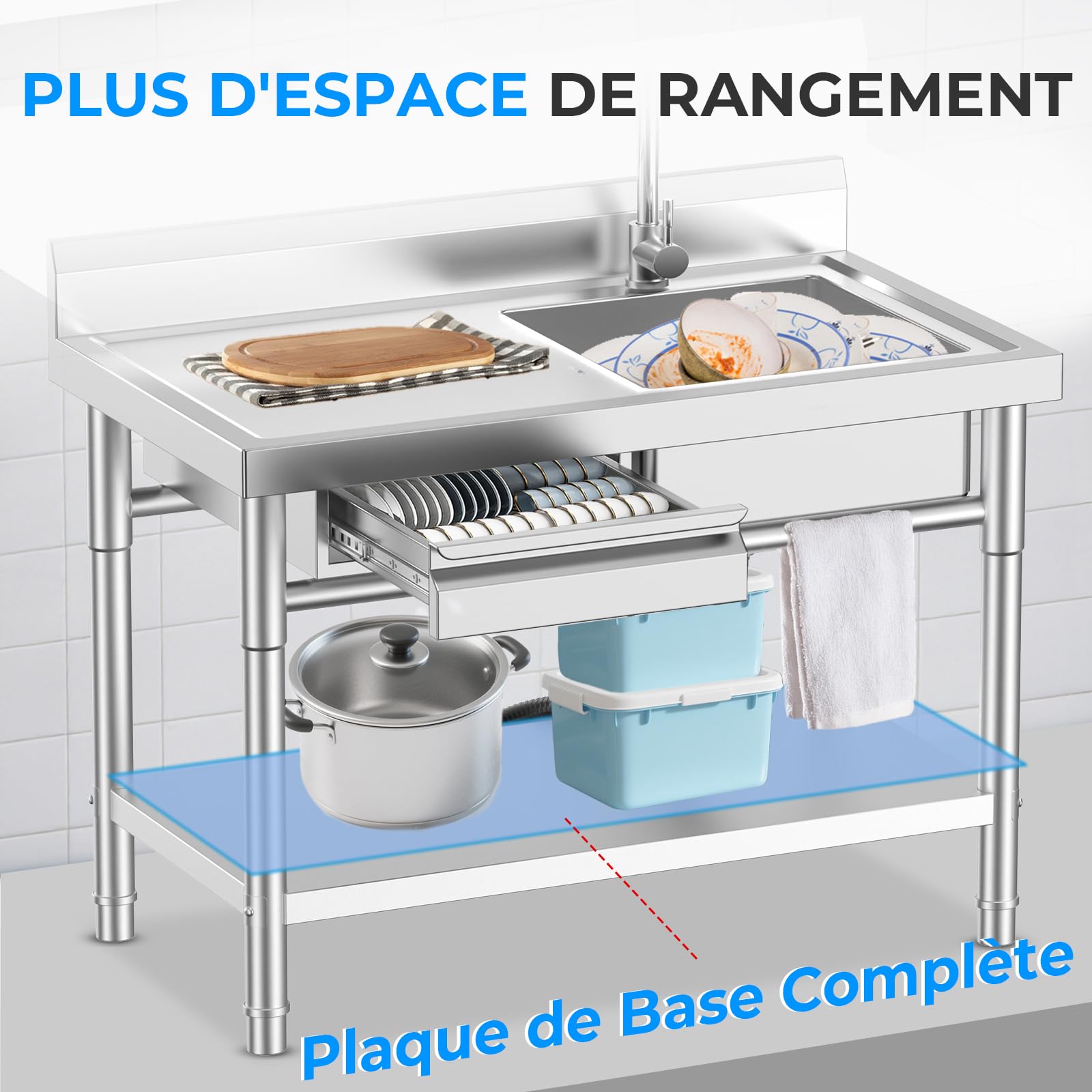 RiveraSink Plonge Inox Professionnelle 100x55x80cm avec Évier sur Pied, Évier Cuisine Inox avec Plan de Travail, Tiroir et Robinet, Table de Lavage pour Restaurant, Garage, Buanderie et Extérieur