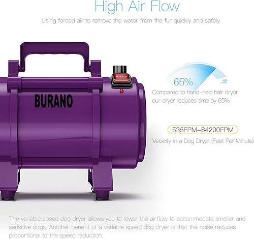 Miniatura 10 de Burano - Secadora de pelo para mascotas de alta velocidad 40 HP sin escalón ajustable para perros gatos y más potente soplador de mascotas con Negro
