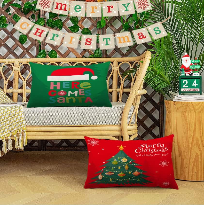 Miniatura 6 de YeeJu Juego de 4 fundas de almohada de Navidad de 12 x 20 pulgadas, fundas de almohada con texto en inglés "Merry Christmas", color rojo y verde,