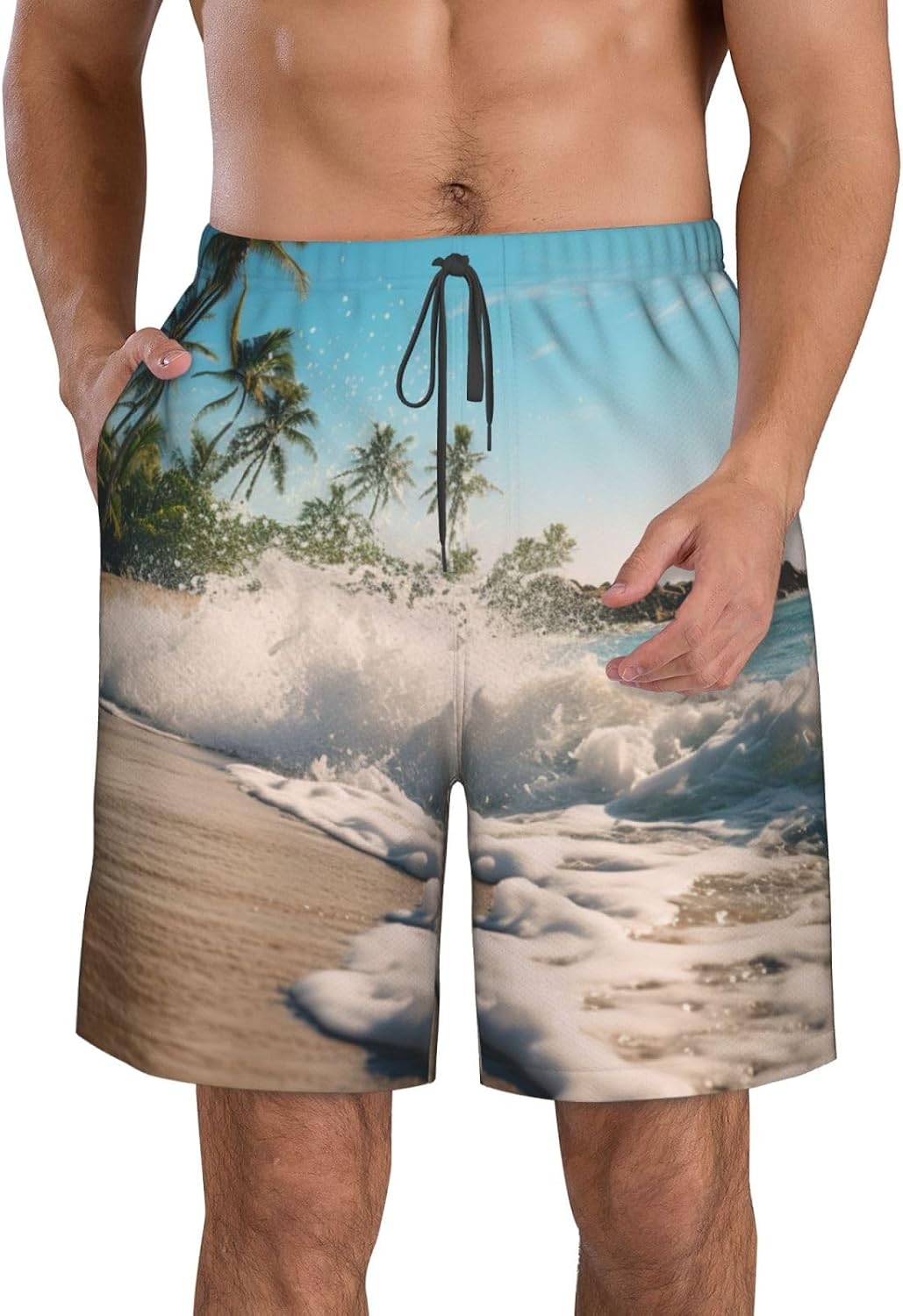 Mens Rumbling Ocean Palm Trees Print Beach Shorts,Casual Summer Shorts for Men,Quick Dry Polyester