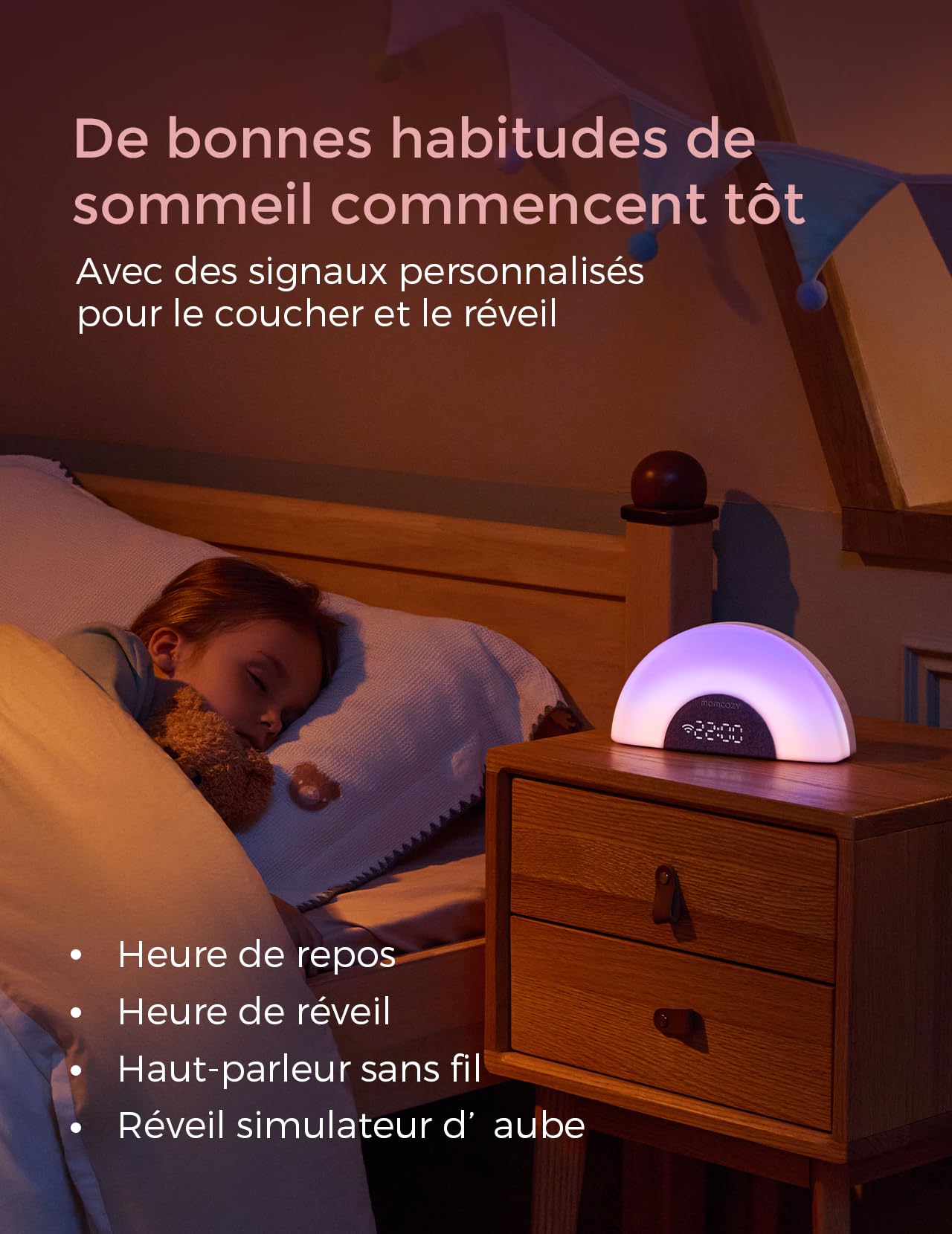 Momcozy DreamSync Tech™ Machine à Sons Bébé 34 Bruitages Apaisants, Veilleuse Connectée par App, Programmeur de Sommeil avec Alarme Levé de Soleil et Haut-parleur Sans Fil