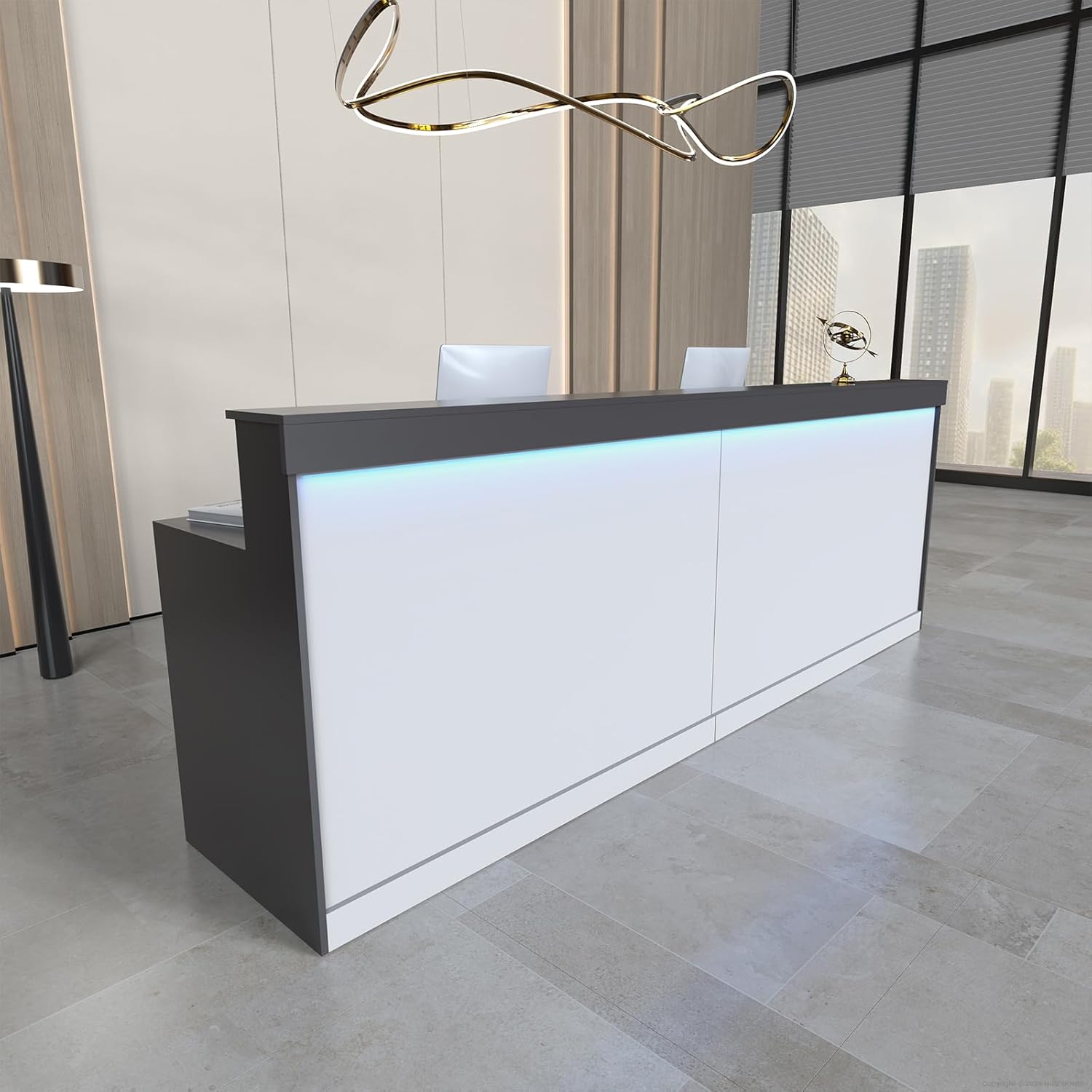 71" LED Reception Desk with Counter, Lockable Drawers, Keyboard Tray, Cable Grommet and Storage Cabinet, Modern Front Desk for Office, Salon or Hotel Lobby, White & Maple, 71" W x 24" D x 39" H