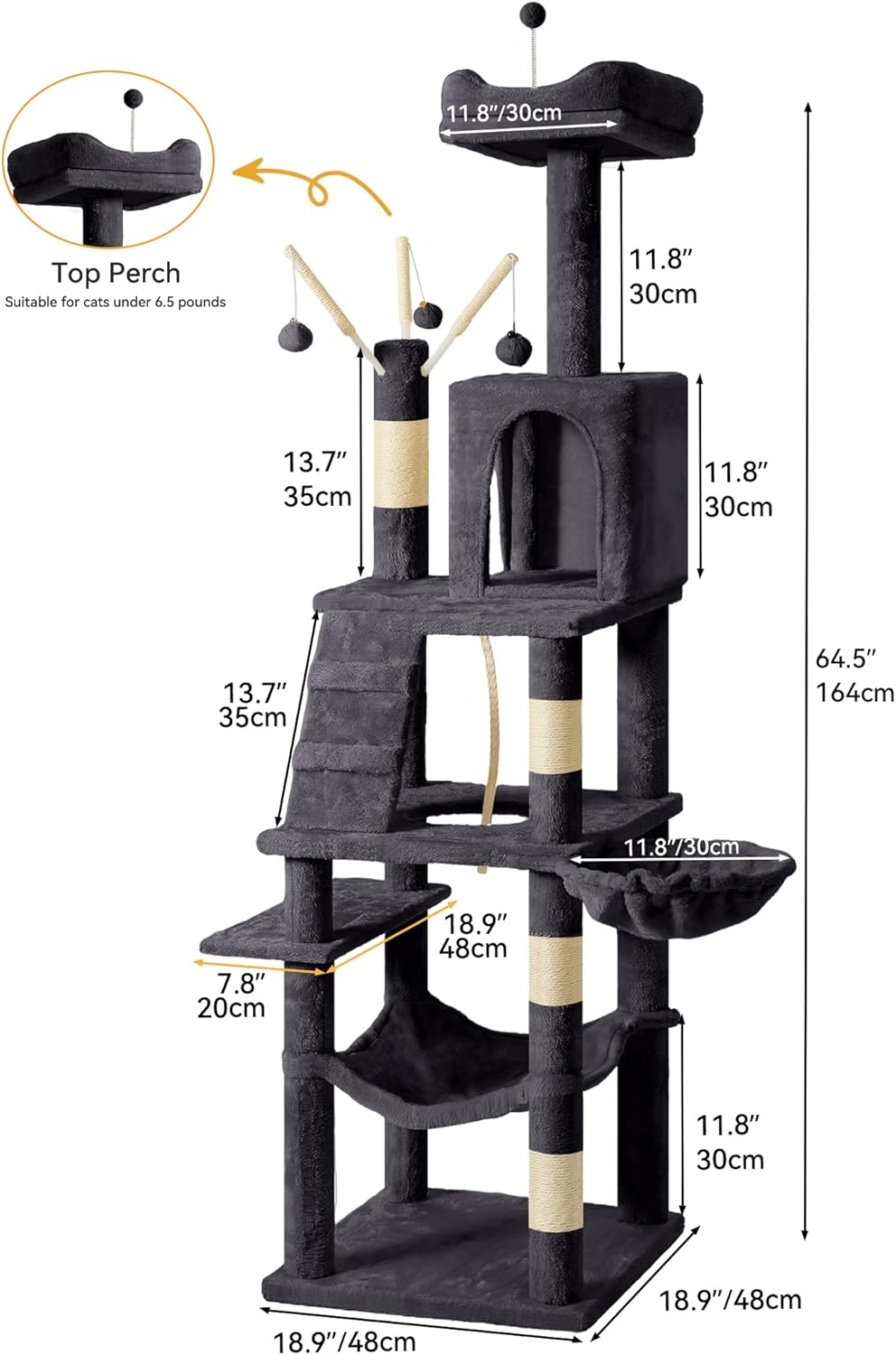 YITAHOME 64.5" Cat Tree, Multi-Level Cat House, Large Cat Condo Furniture with Perch Hammock, Scratching Posts and Dangling Balls for Kittens, Cats and Pets,Dark Gray