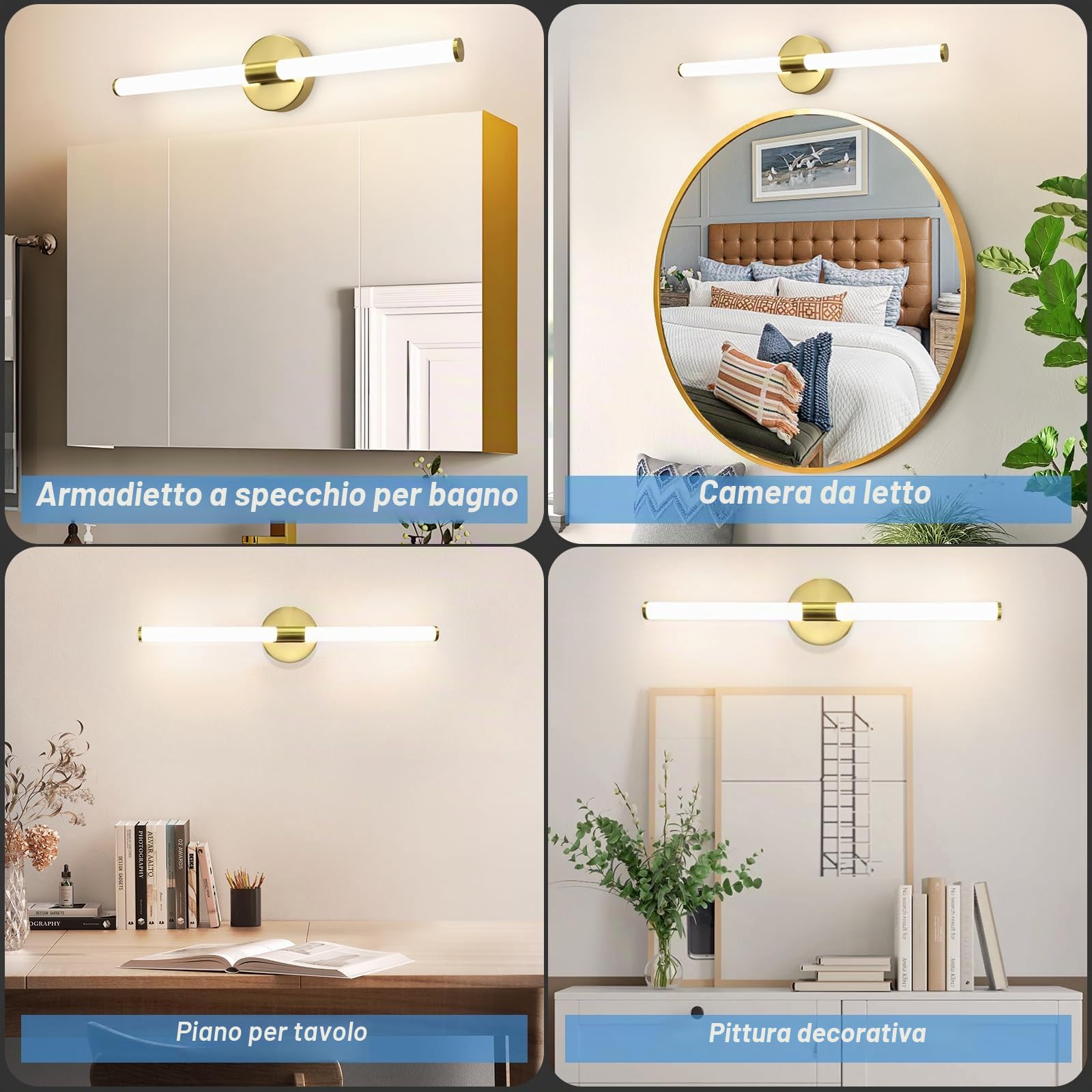Lampada da parete a specchio a LED per bagno, in oro - 60 cm, 8 W, | 4000 K