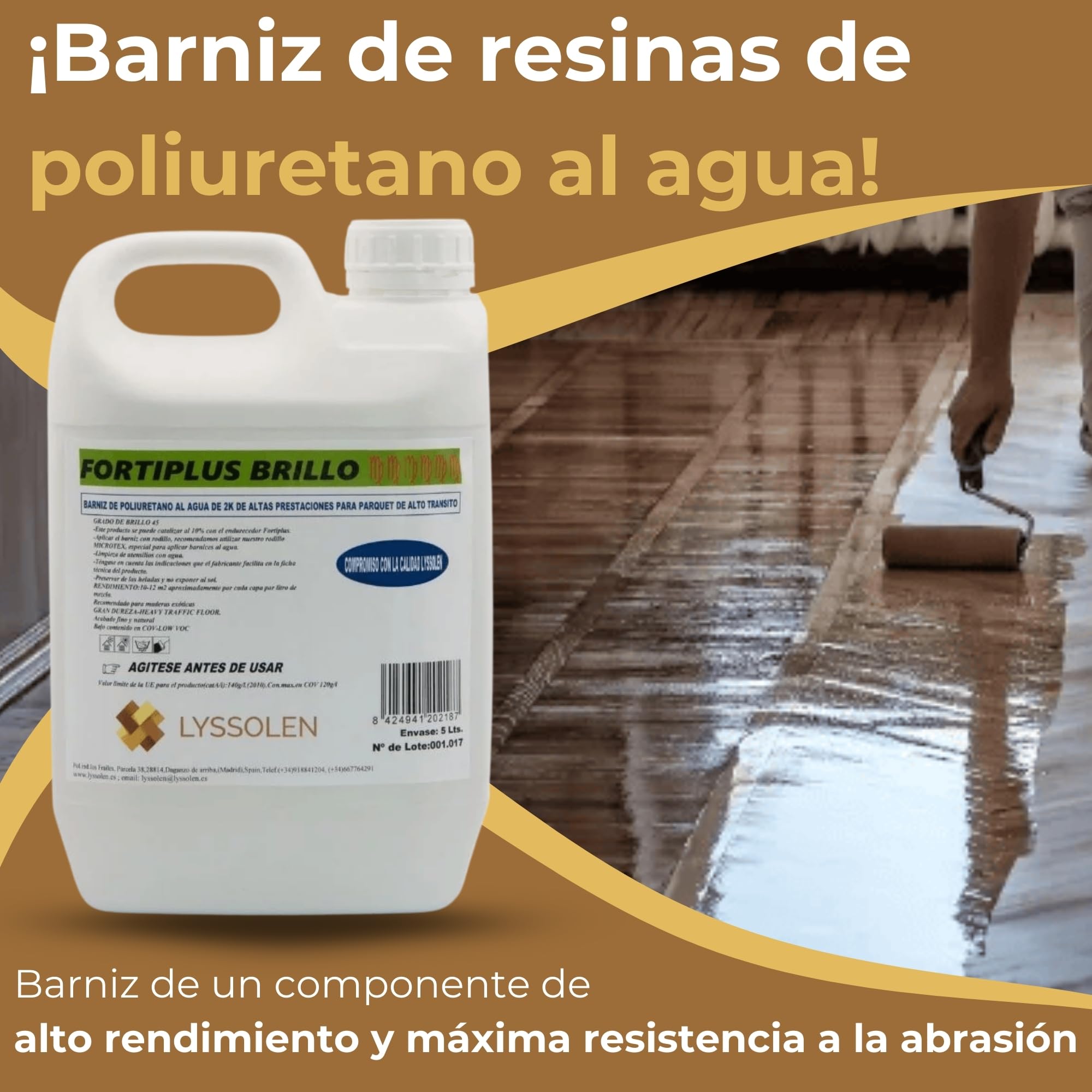 Barniz de Poliuretano para Suelos de Madera al Agua - 5 Litros - Acabado Brillante de Alta Resistencia al Desgaste - Protección y Durabilidad Profesional para Parquet y Tarima - Incoloro