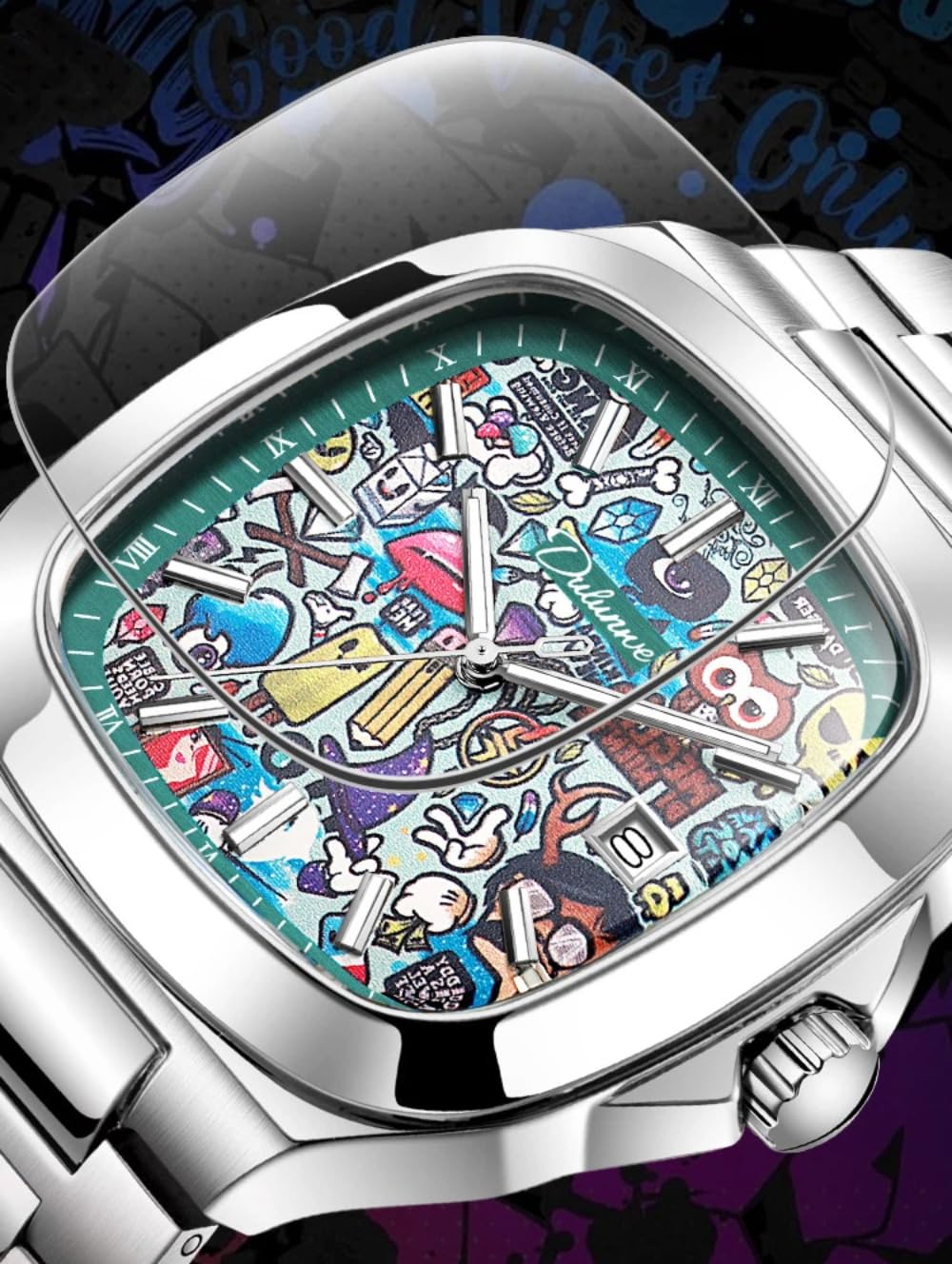 Reloj mecánico cuadrado creativo con esfera grande totalmente automático para hombre, visualización de fecha, luminoso, impermeable, divertido, lindo reloj de pulsera de negocios