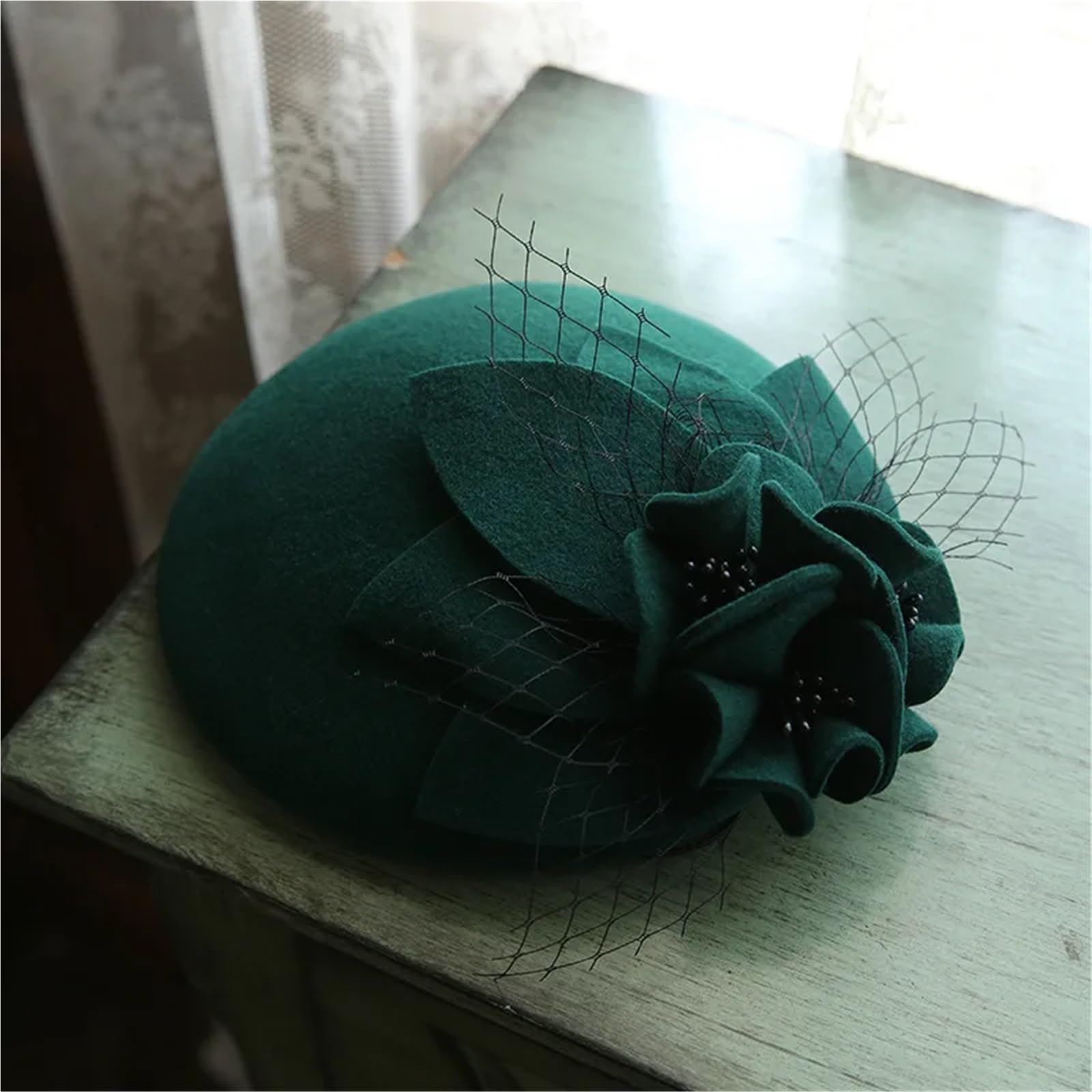 Women Wool Hat, Photography Fascinator Flower Hat，Ladies’ Cocktail Tea Party Headwear for Autumn Winter