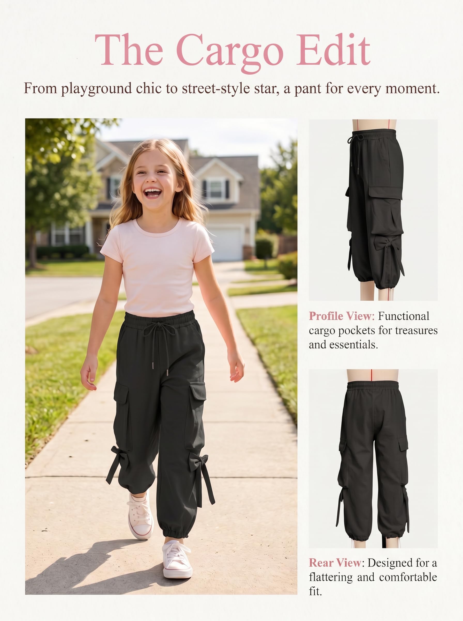 JiAmy Pantalones cargo holgados para niñas, cintura elástica con lazo, pierna ancha, transpirables, Y2K, pantalones deportivos casuales para verano, para baile, escuela, jugar, 5-14 años