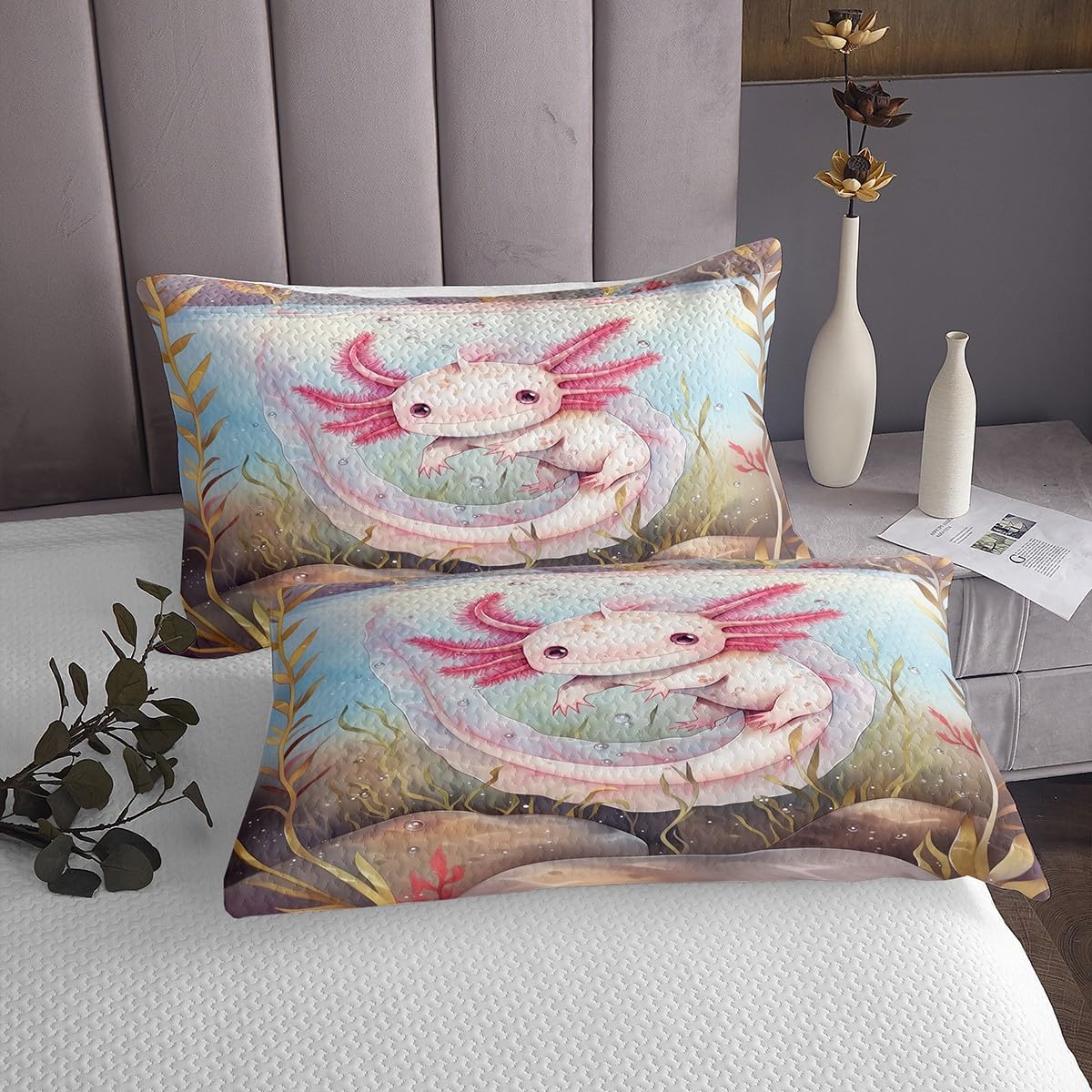 Manfei Axolotl Bedspread Twin Size Bedding for Kids Teens Bedroom Cute Ocean Animal Decor Coverlet Set Undersea World Plant Quilt Set for All Season,2 Pcs with 1 Pillowcase
