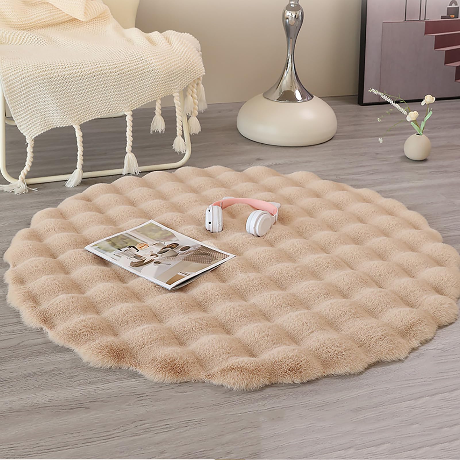 Tapis à poils courts rond lavable kaki TY&WJ pour chambre et canapé salon