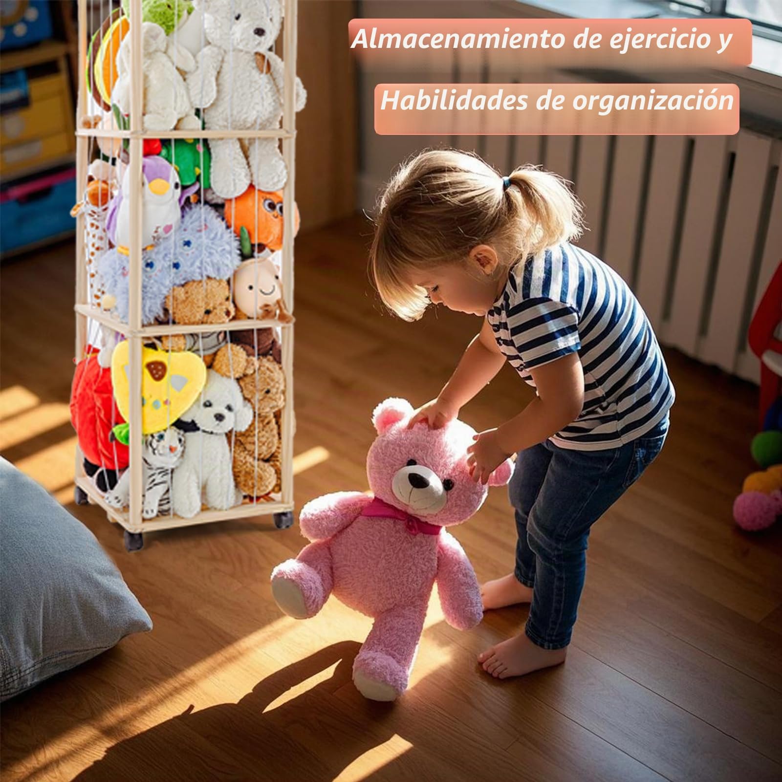 Organizador Peluches en Madera, Organizador Juguetes Infantil de Peluches, Guarda Peluches con Reudas a 360°y Frenos, Portaositos de Peluche para Habitaciones Infantiles, Salas de Juegos, etc.