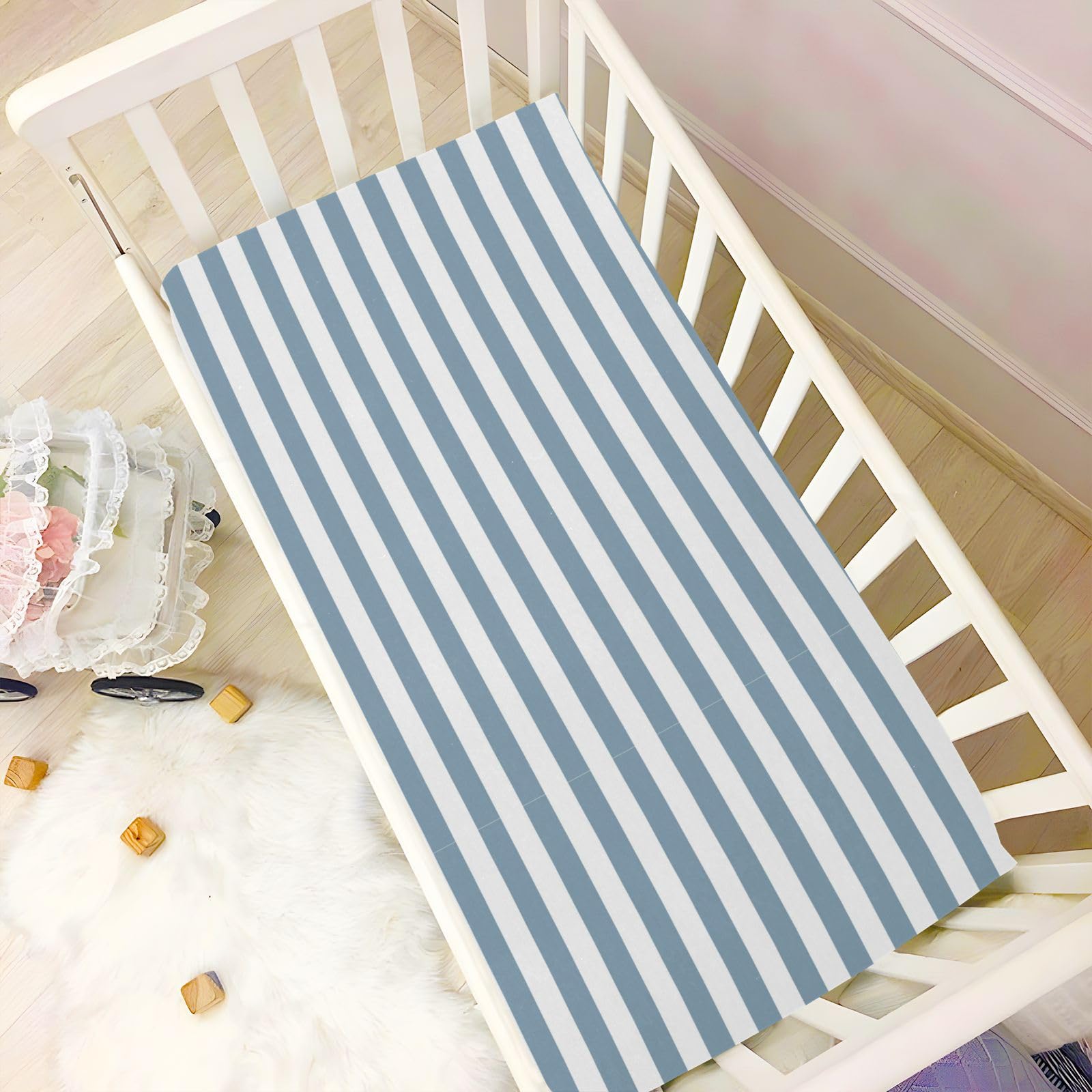 Pfrewn Crib Sheets for Boys Girls Blue Stripe Fitted Crib Sheet Fits Standard Crib Mattress Pads Stretch Soft Toddler Baby Sheet, 52x28x9IN