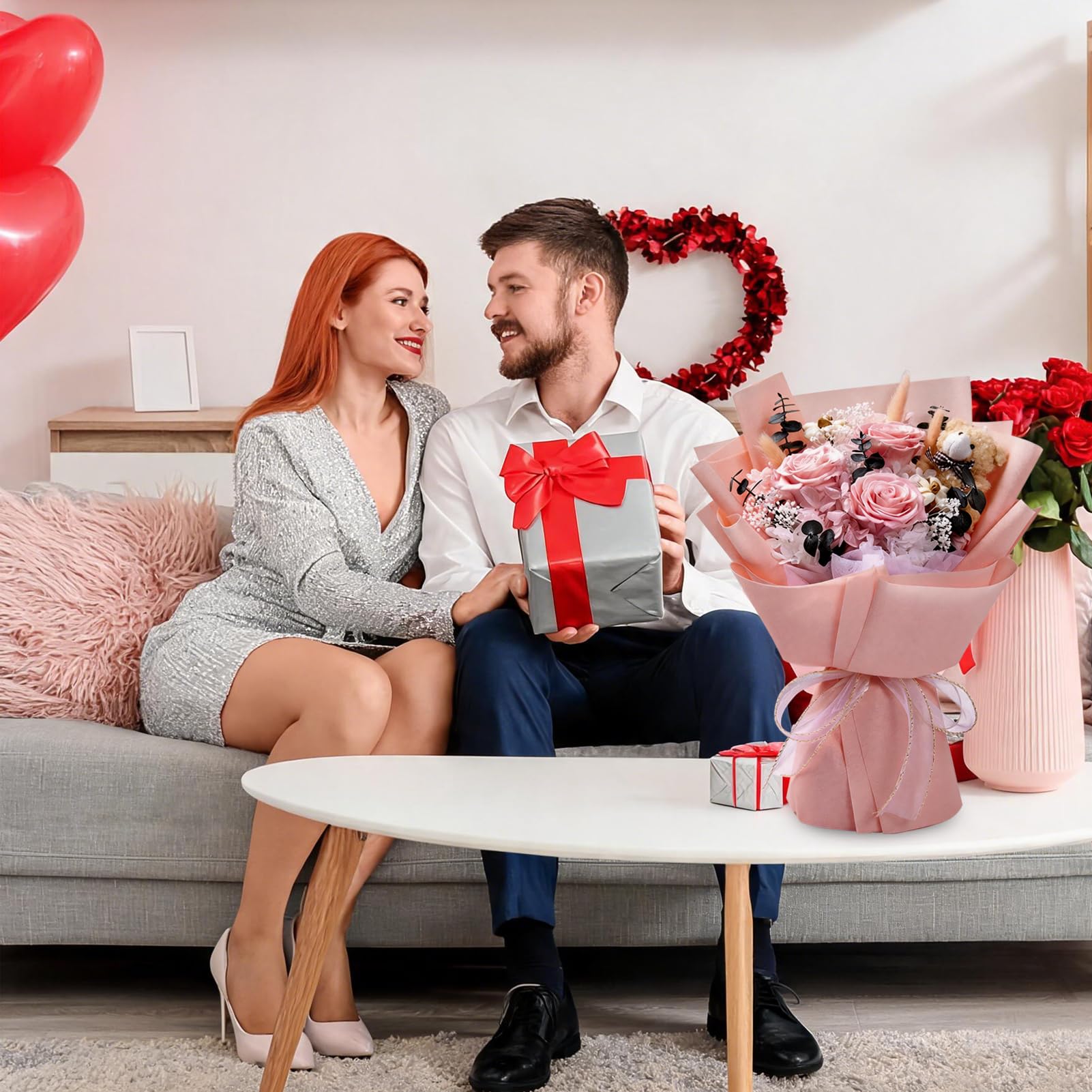 Bouquet de Roses Éternelles, Fleur Eternelle avec Un Ours, Fleurs Préservées avec Coffret Cadeau, Cadeau Femme, Maman, Épouse, Fête des Mères, Saint-Valentin, Anniversaire