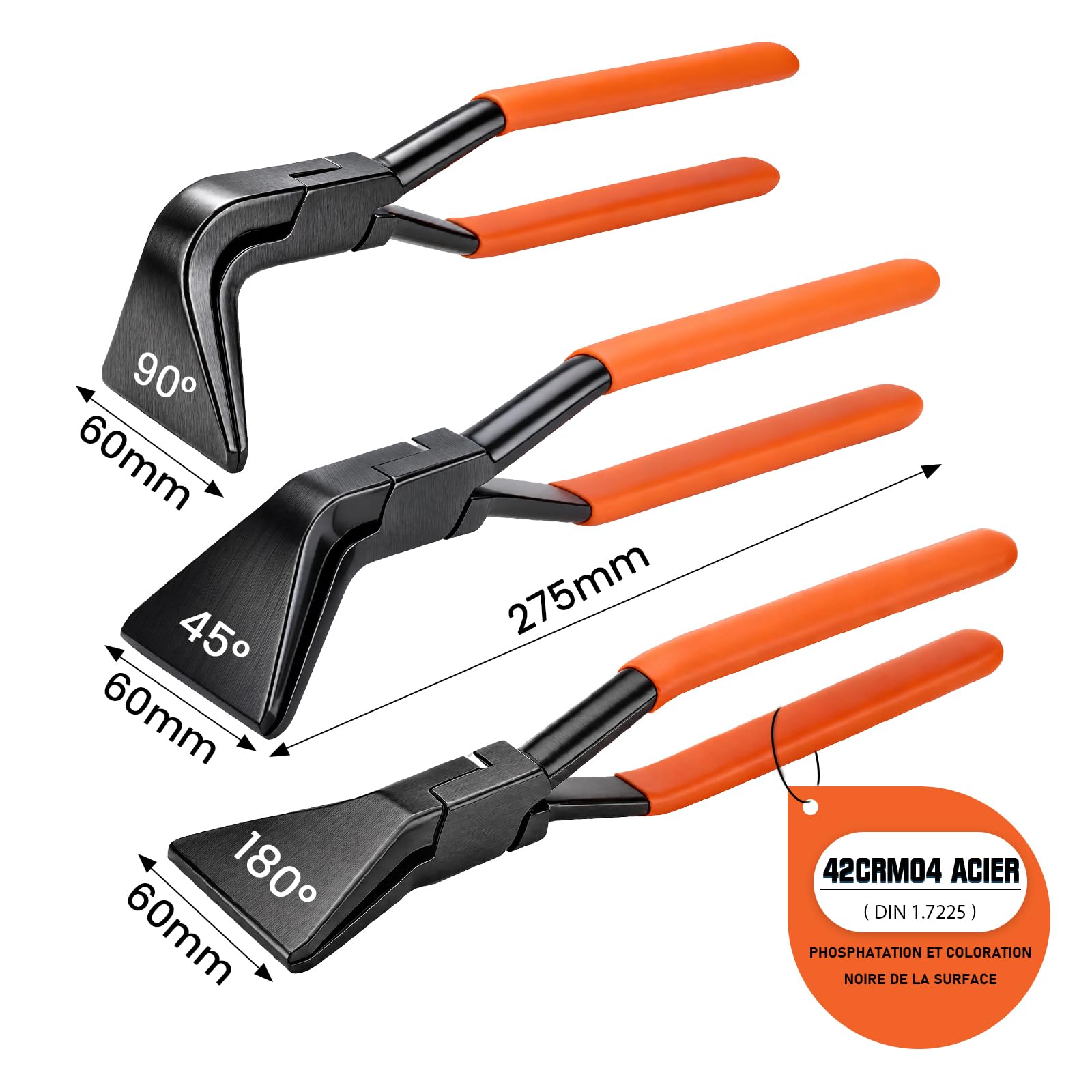 Pinza piegatrice per lamiera, set di 3 pinze dritte 0°, angolate 45° e 90, lunghezza 280 mm, larghezza 60 mm, in acciaio al carbonio nero brunito, strumento di copertura
