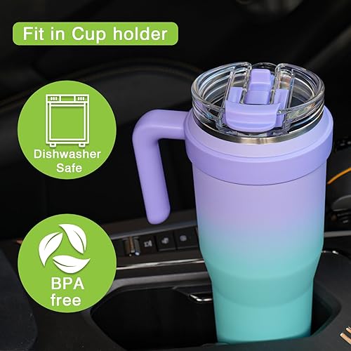 Miniatura 5 de Zukro Vaso de 50 onzas con asa y popote abatible, botella de agua de acero inoxidable aislada al vacío a prueba de fugas con tapa 2 en 1, taza de