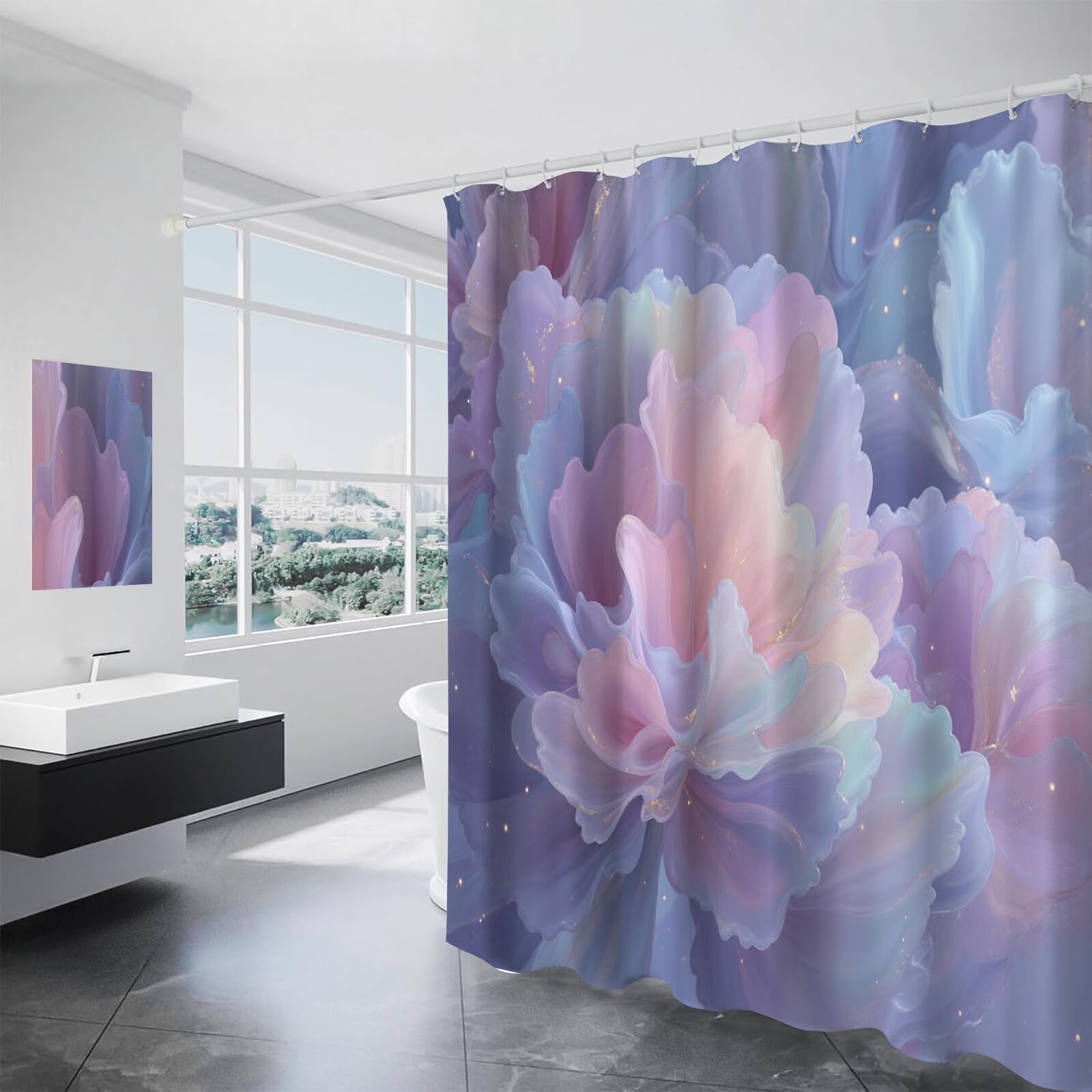 Rideau Douche,Rideau Baignoire Lavable en Machine Rideaux Douche Tissus Lavable Rideau De Baignoire Lavable pour Salle De Bain Domicile Baignoire Famille,Fleurs De Ligne,