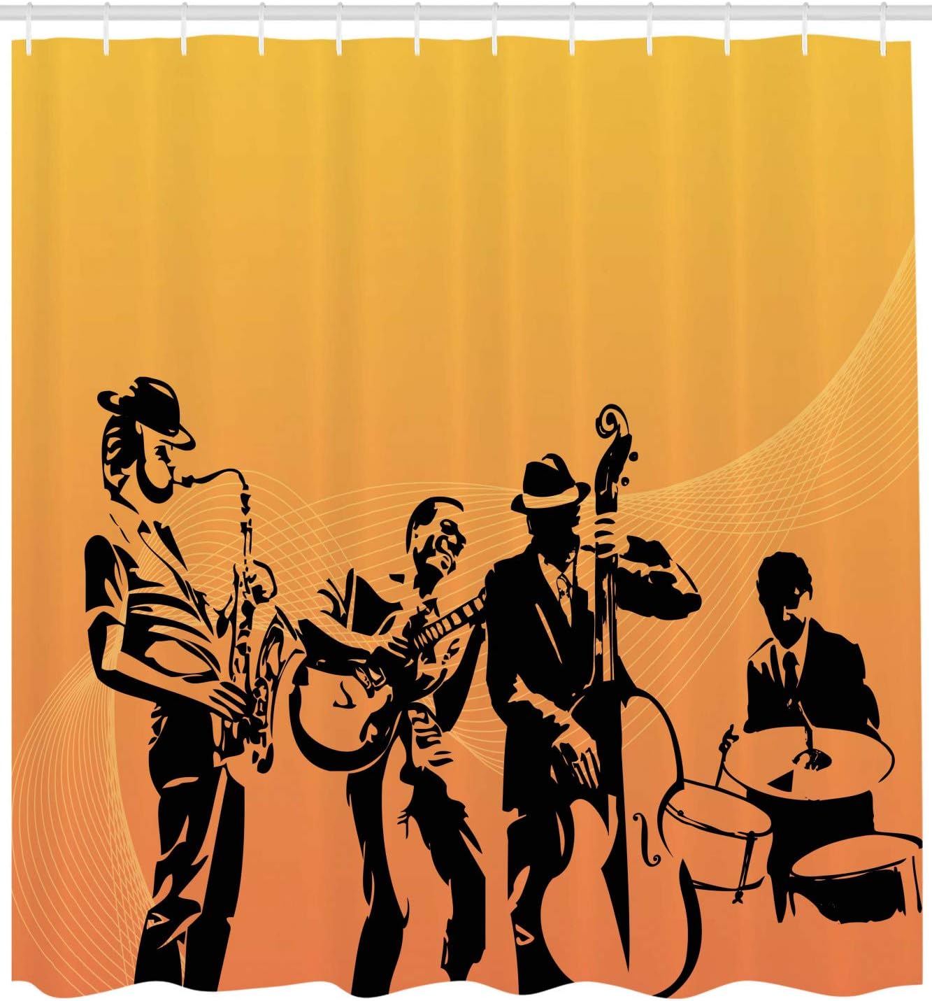 Ambesonne Jazz Music Shower Curtain, Silhouette of Jazz Quartet Performing on Stage Acoustic Passion Old Style Art, Cloth Fabric Bathroom Decor Set with Hooks, 69" W x 75" L, Mustard Black