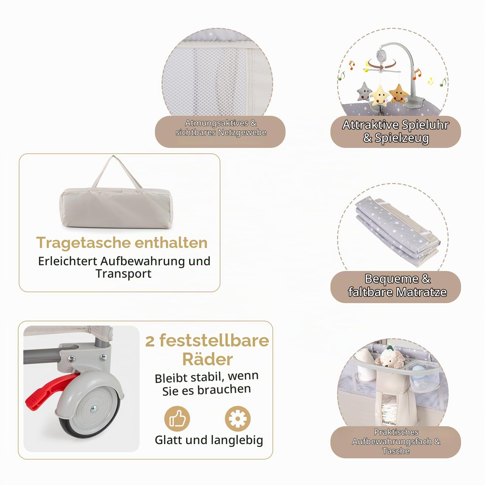LIFEZEAL Faltbares Babybett mit Wickeltisch, Reisebett Baby mit Spielbogen und Musikglocken, Mobiles Kinderreisebett mit Aufbewahrungstasche, für Baby 0-36 Monate (Beige)