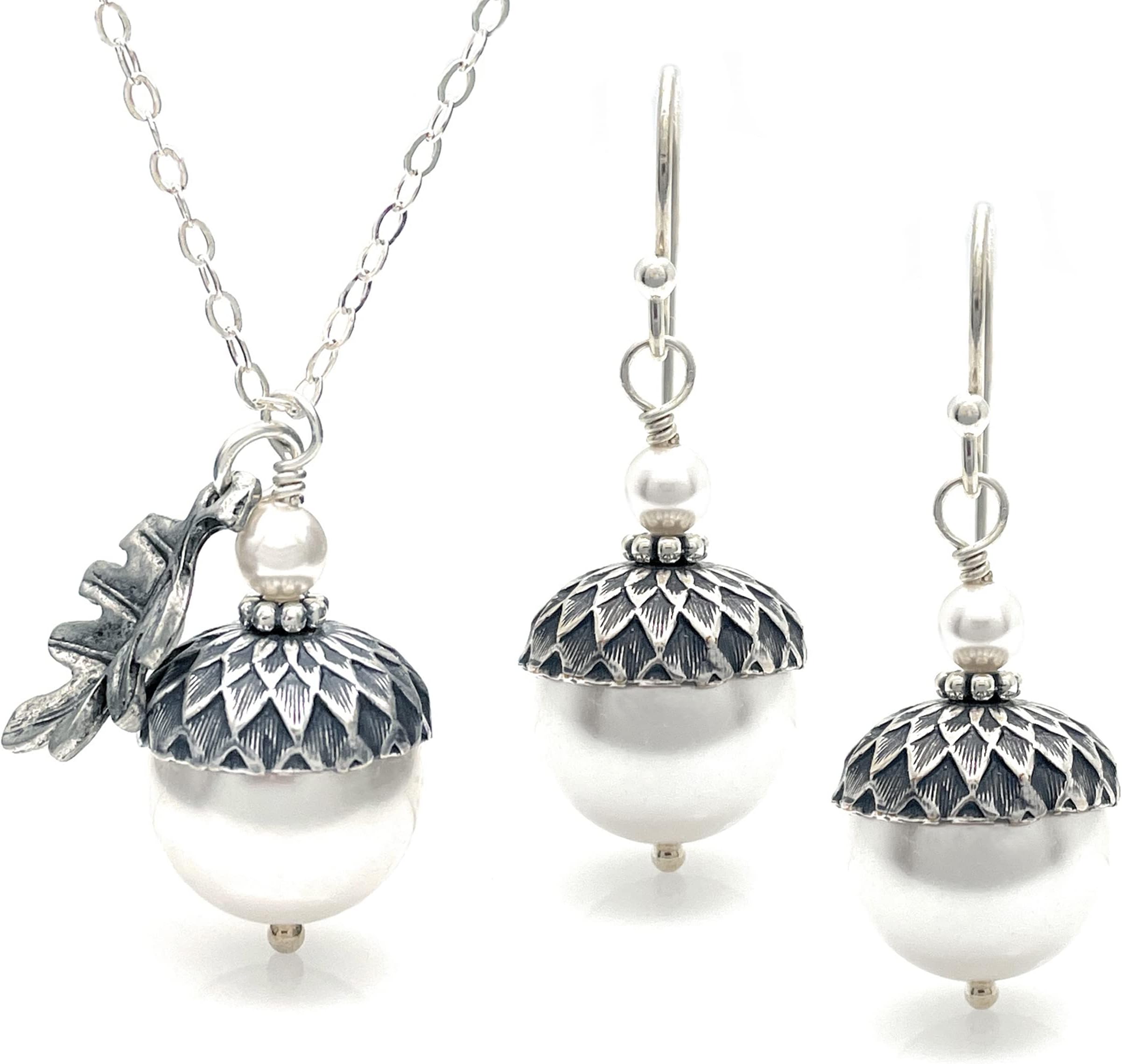 Dashe Designs Acorn Necklace & Earrings Set with Oak Leaf and White Crystal Core Simulated Pearls, Sterling Silver Chain