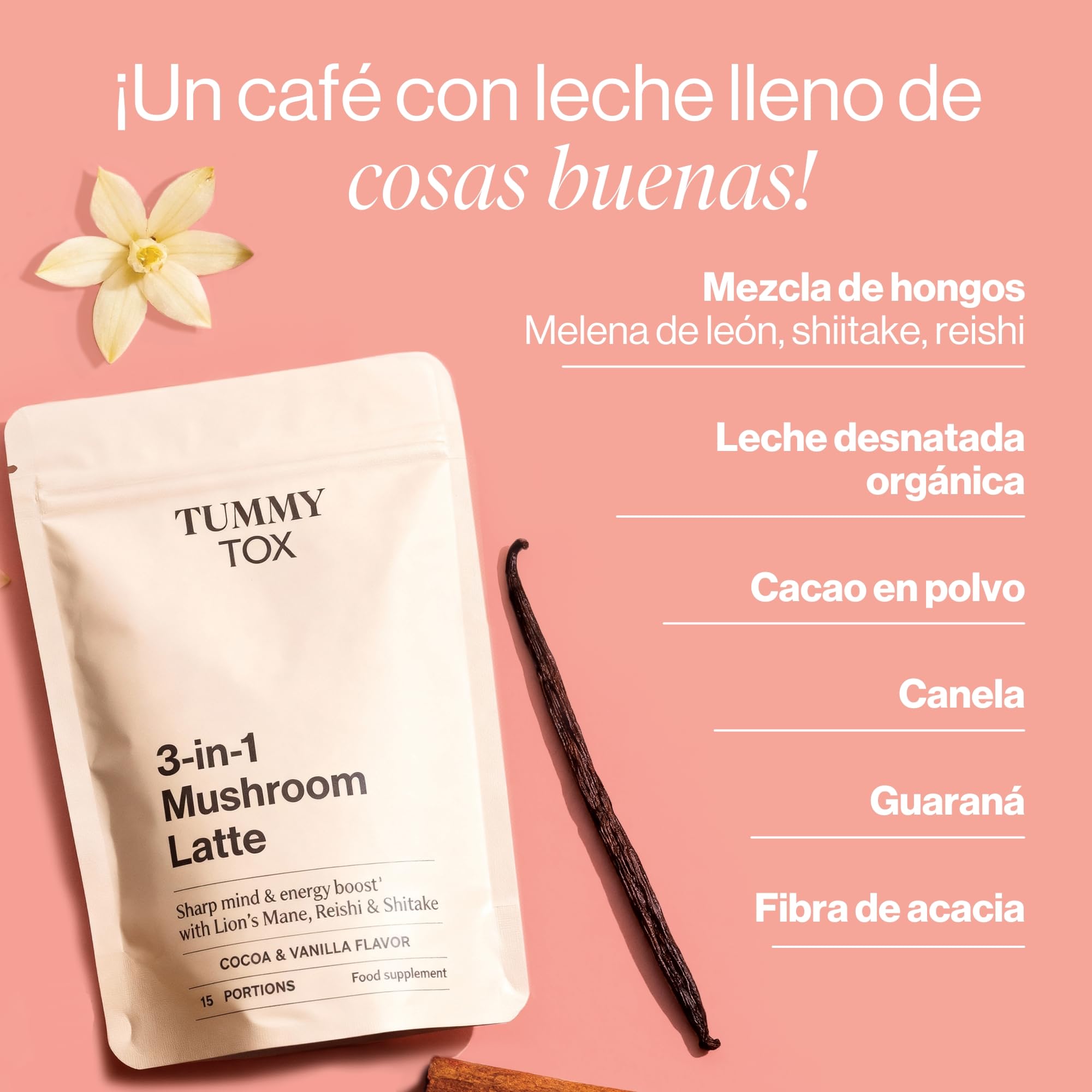 Tummy Tox 3-en-1 Mushroom Latte - Melena de Leon Hericium (Lions Mane), Reishi, Shiitake y Guaraná - Focus, Memoria, Concentración - 15 porciones - Sabor a Cacao y Vainilla