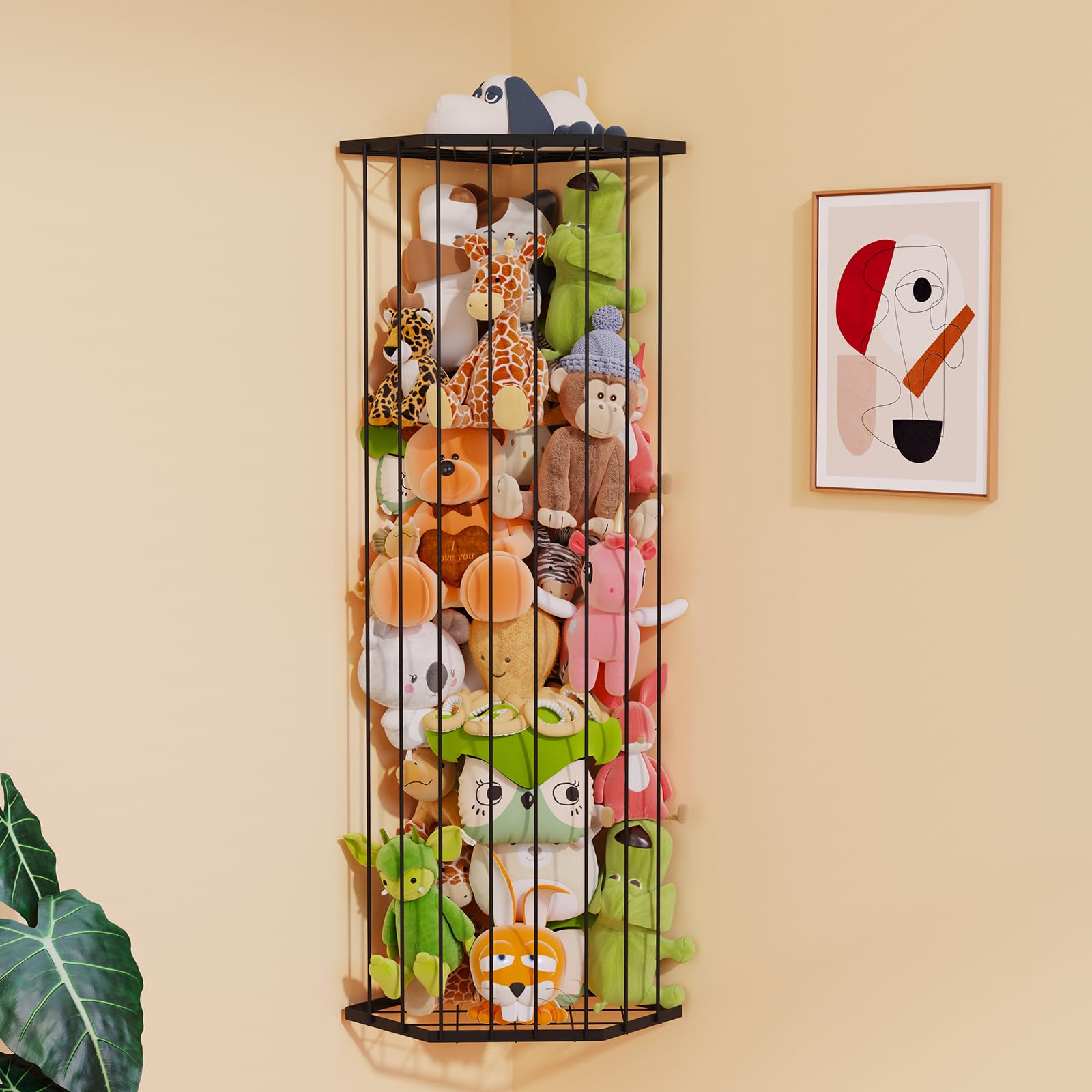 BBLlKE Stuffed Animal Storage Zoo - Corner Plush Toy Organizer Length Adjustable, Wall Hanging Stuffed Animal Net Holder for Nursery Playroom Bedroom Kids Room, Decor Shelf, Black