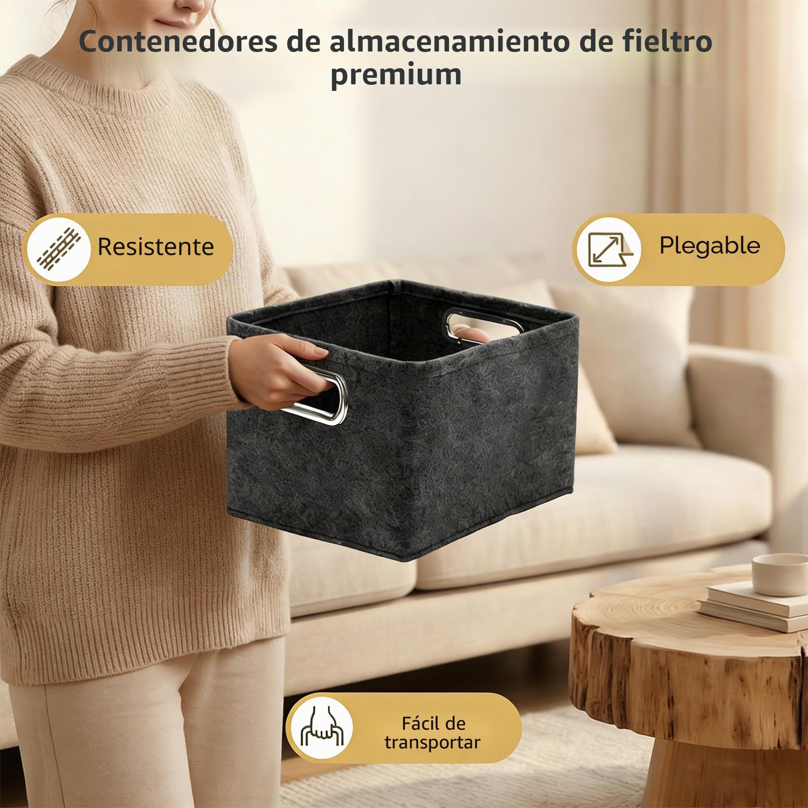 Cesta de fieltro de almacenamiento plegable, 30 x 20 x 20 cm, 2 piezas, color negro, ideal para hogar y oficina