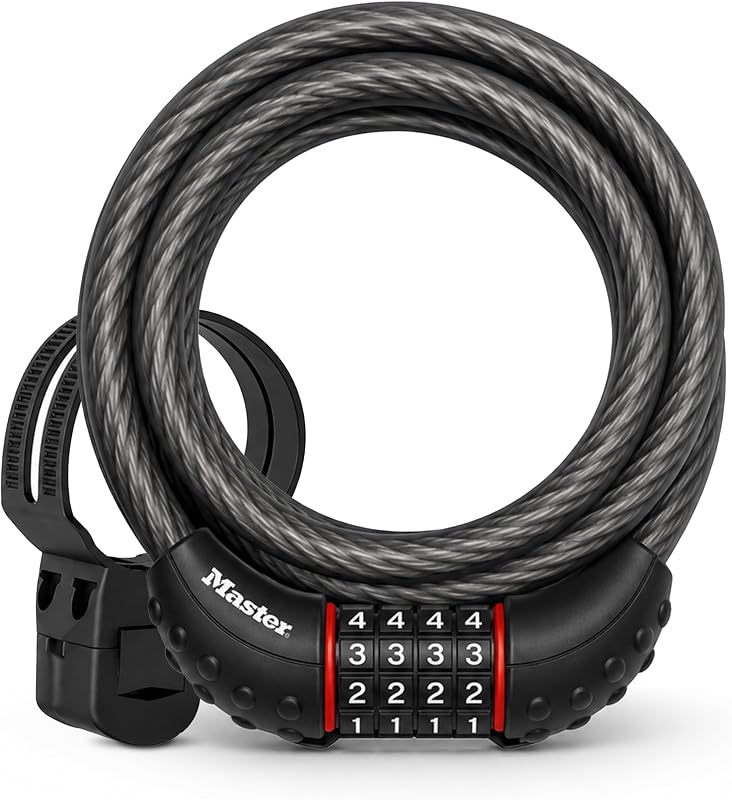 6 ft Cable Bike Lock 4-Digit Combination 1/2 in Diameter 8122D | Set Your Own Combo Bike Lock, Vinyl-Coated Braided Steel Protects Bicycles, Scooters, Outdoor Equipment From Theft