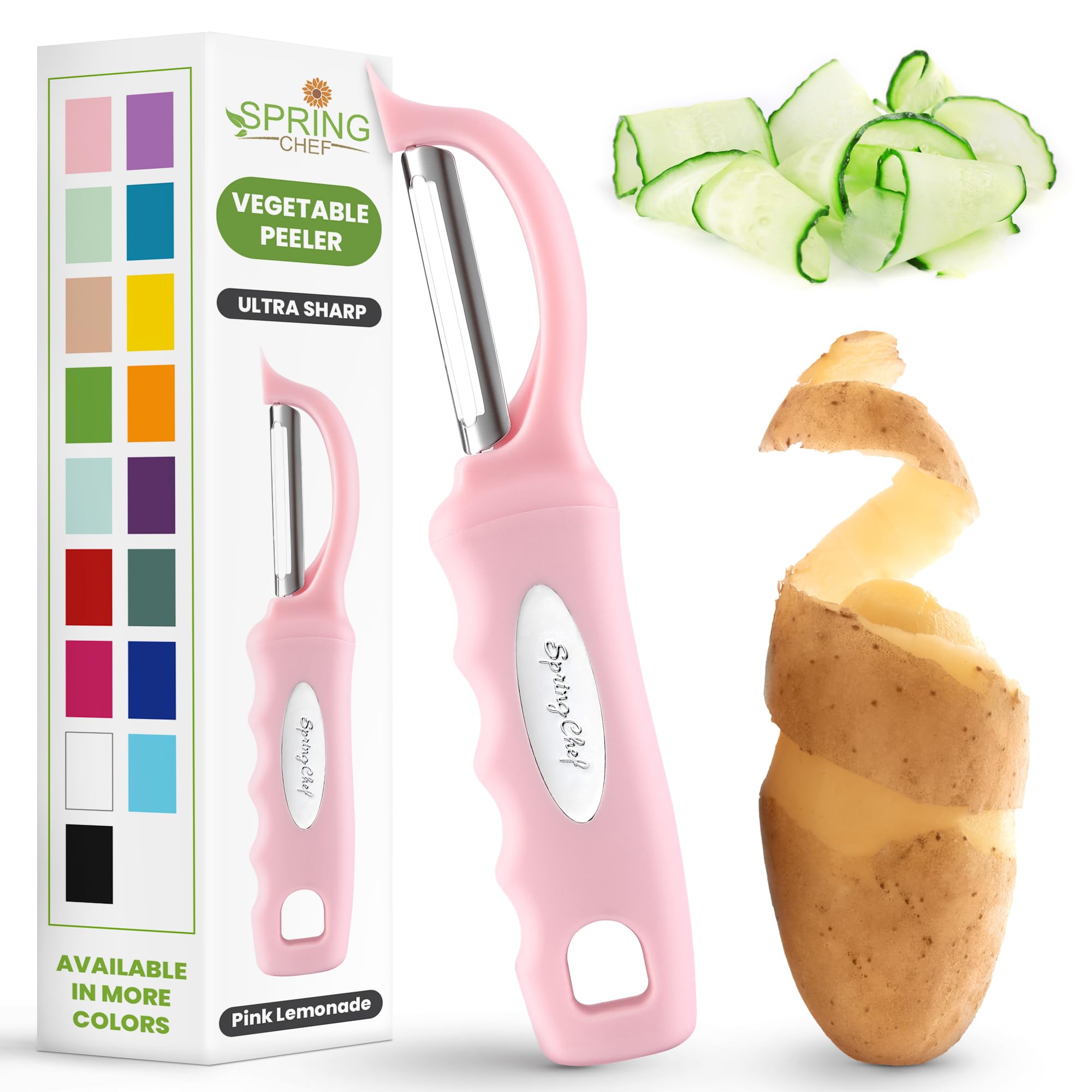 Spring Chef Premium Swivel Vegetable Peeler, Soft Grip Handle and Ultra Sharp Stainless Steel Blades - Perfect Kitchen Peeler For Veggie, Fruit, Potato, Carrot, Apple - Pink Lemonade