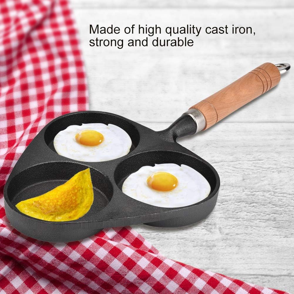 Egg Frying Pan Nonstick, 3 Divider Cast Iron Grill Pan Breakfast Omelette Skillet with Wooden Handle Fried Eggs Cooker Pot for Burger Pancake Steak