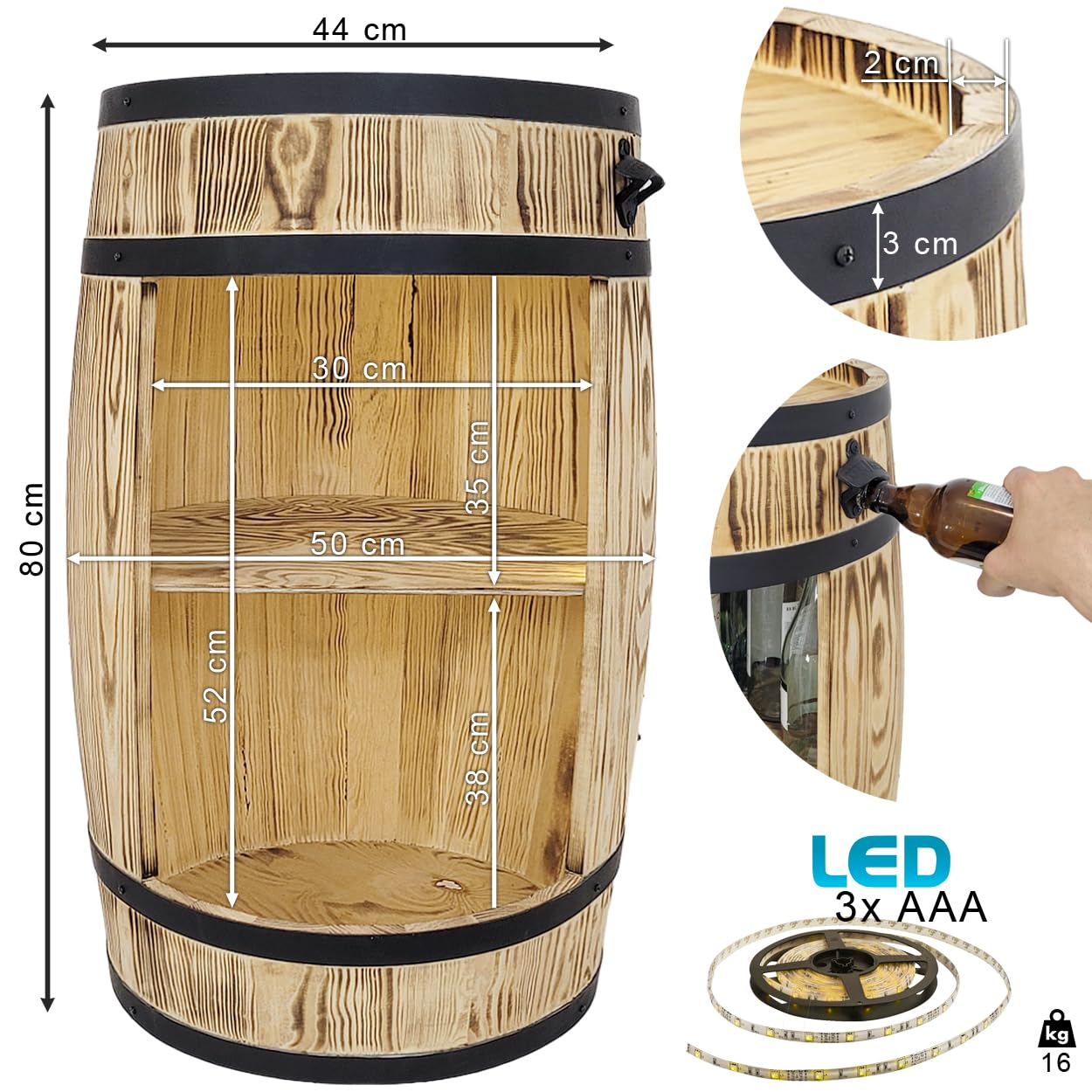 weeco Barile in legno con luci a LED – Armadietto da bar – Barile per vino – Armadietto per vino in stile retrò – Bar in botte di legno – Barile di vino bar 80 x 50 cm