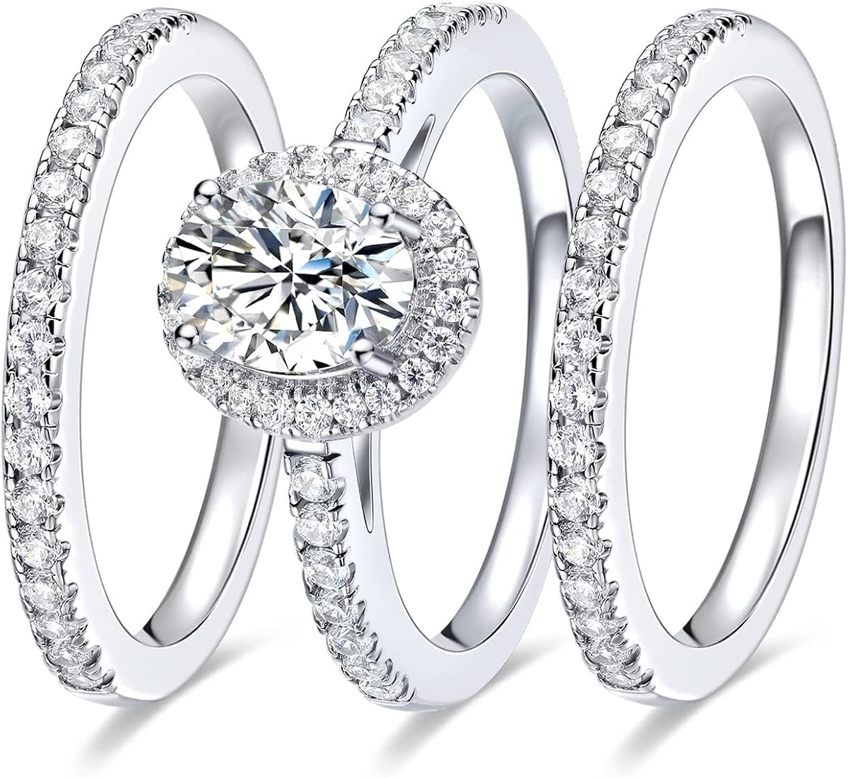 MDFUN 18K White Gold Plated 3-in-1 Halo CZ Engagement Wedding Rings Women | Round,Oval,Pear,Marquise Cut Cubic Zirconia Rings for Women; Stackable Bridal Ring Set