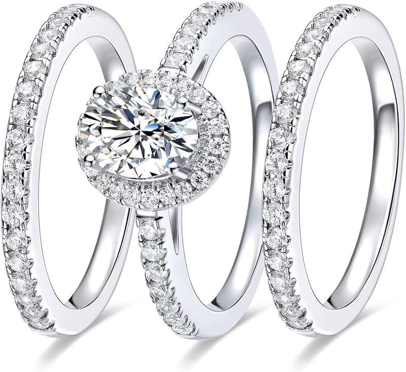 MDFUN 18K White Gold Plated 3-in-1 Halo CZ Engagement Wedding Rings Women | Round,Oval,Pear,Marquise Cut Cubic Zirconia Rings for Women; Stackable Bridal Ring Set