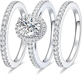 Three-in-One Oval Halo Wedding Bands Set Engagement Rings 18K White Gold Plated Cubic Zirconia Promise Eternity Band for Women Size 5-10