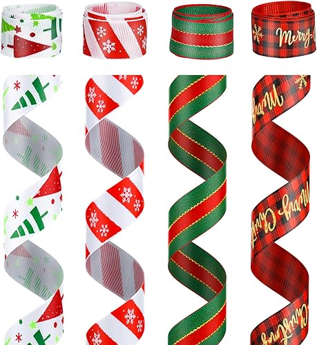 Miniatura 10 de 4 rollos de cintas de Navidad, 34 pulgadas de ancho, 90 yardas de cinta metálica con purpurina para regalo de Navidad, color rojo, verde y blanco